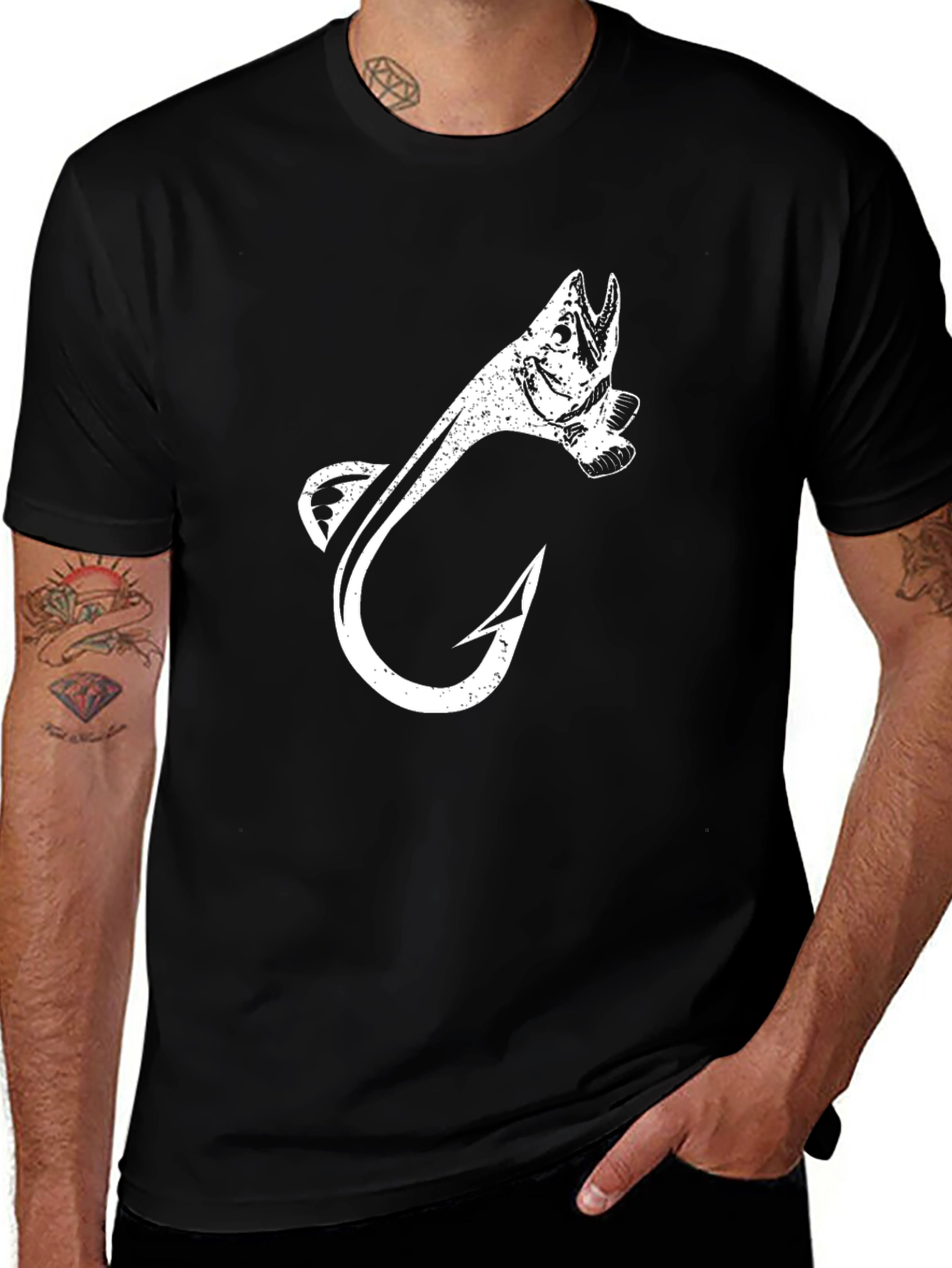 Variant 12 of Fishing Hook Fish Graphic Tee - Black Cotton