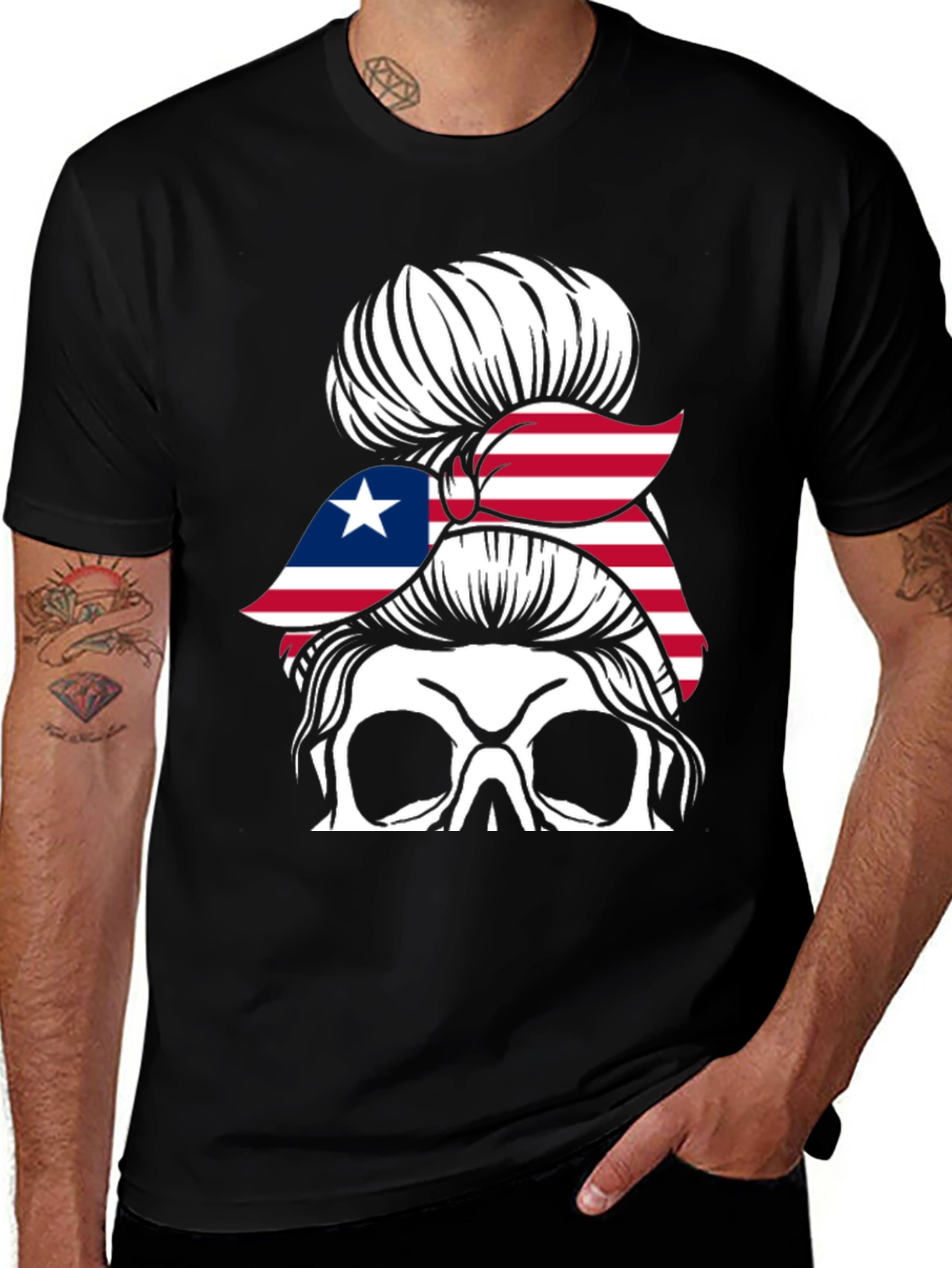 Liberia Flag Skull Messy Bun T-Shirt