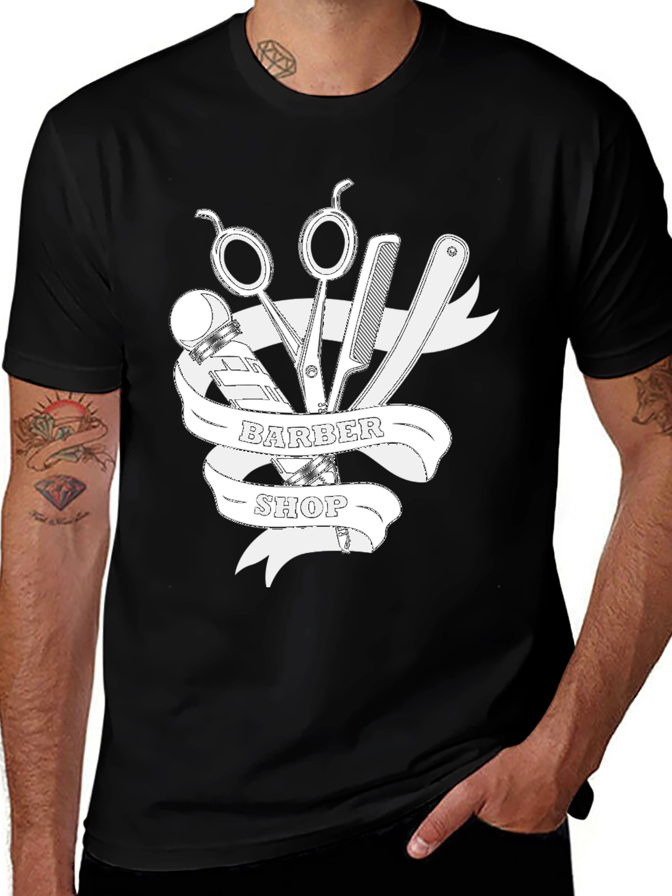 Barber Shop T-Shirt - Black Cotton Tee with Barber Tools Design