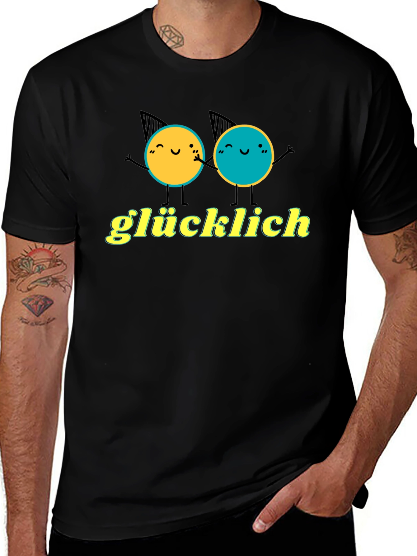 Variant 14 of Glücklich Black T-Shirt with Cheerful Graphic
