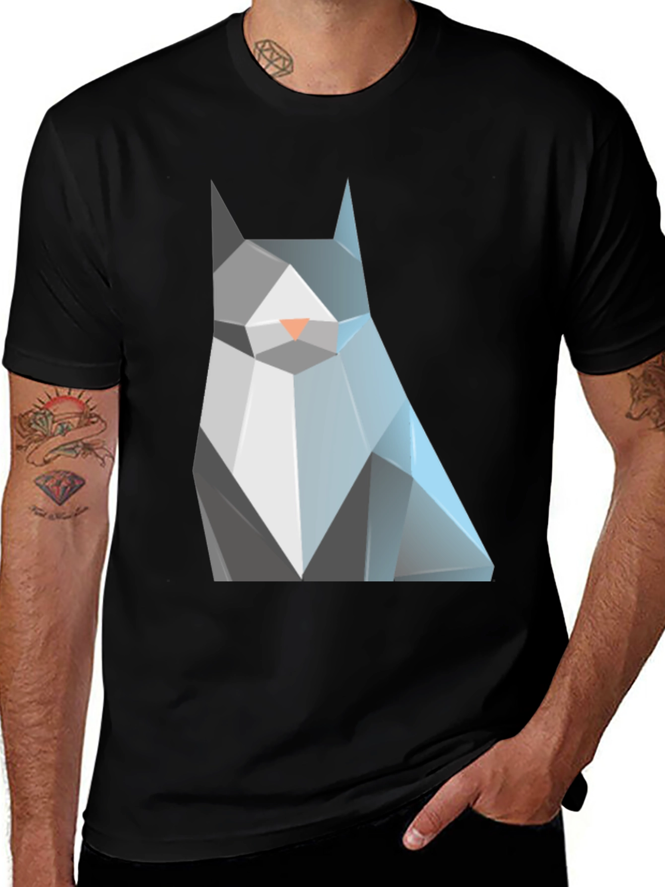 Variant 14 of Geometric Cat Graphic Tee - Modern Men's Black T-Shirt