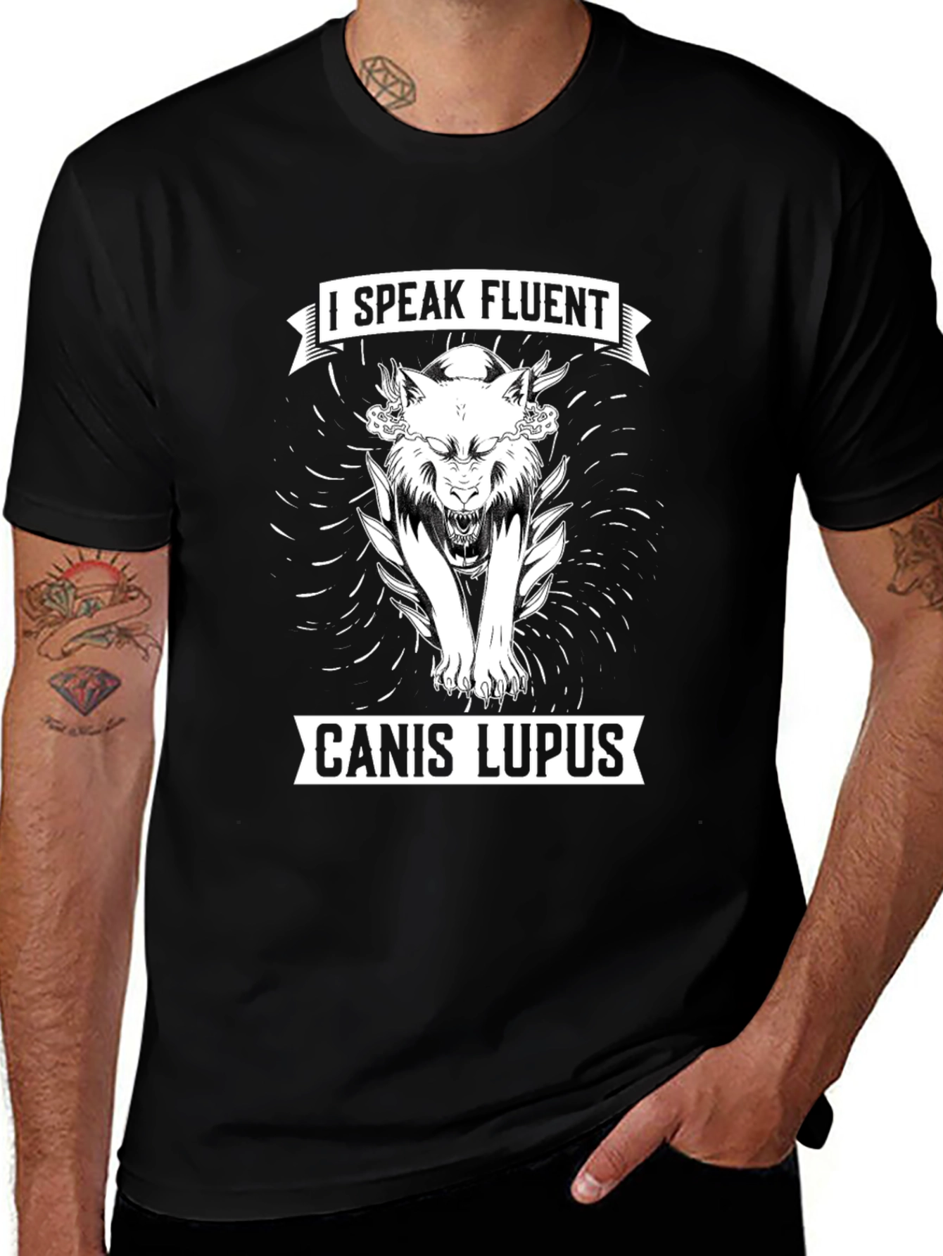 Variant 17 of I Speak Fluent Canis Lupus Graphic Tee - Black