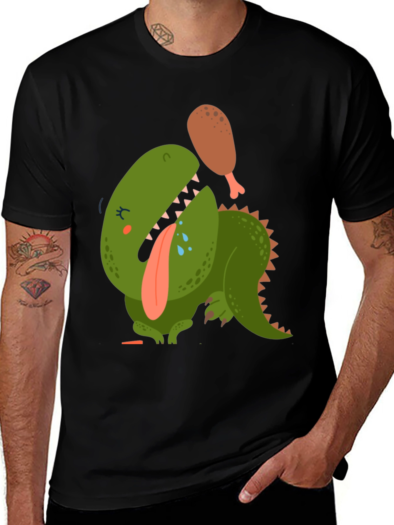 Variant 10 of Dino Eating Chicken Leg T-Shirt - Fun Cartoon Graphic Tee