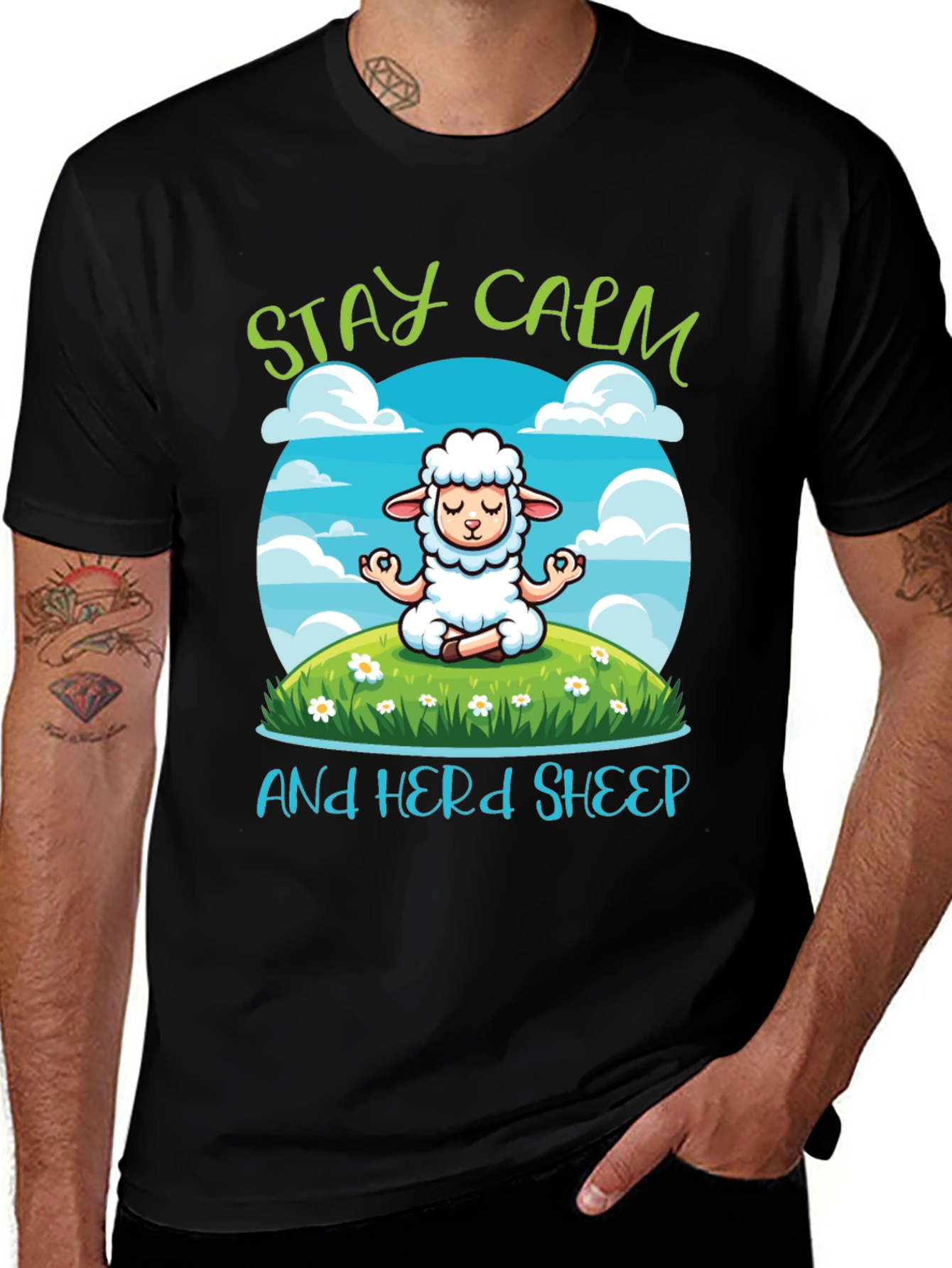 Variant 25 of Stay Calm Herd Sheep T-Shirt - Meditation Sheep Tee