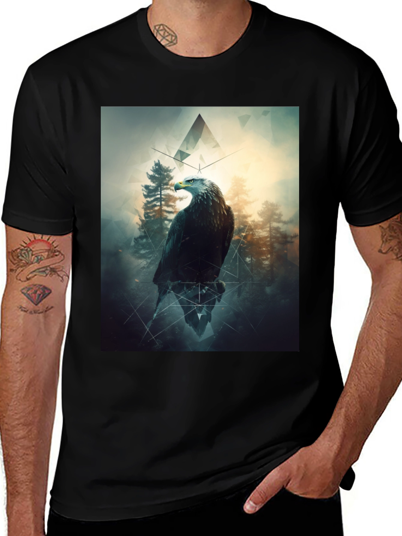 Black Eagle Forest Graphic Print Black T-Shirt main image