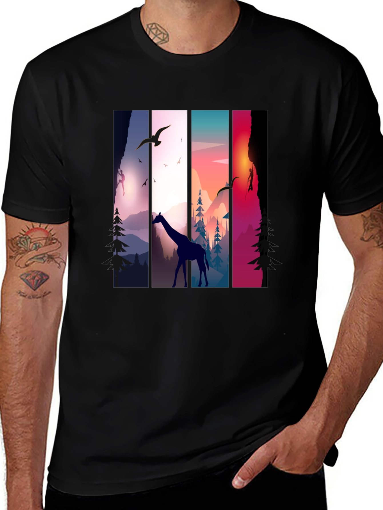 Variant 17 of Giraffe Sunset Nature Graphic Tee - Unisex Black T-Shirt