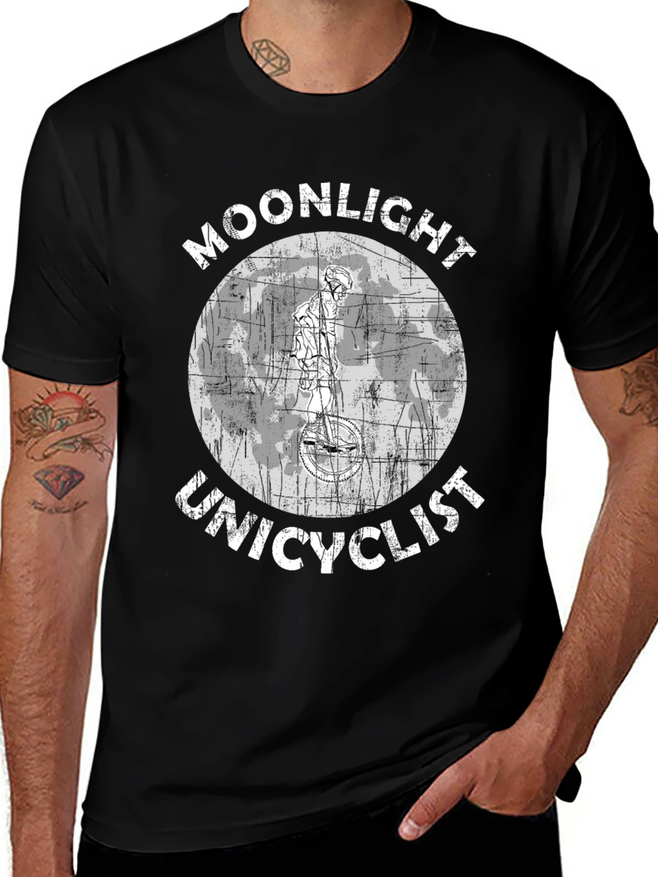 Variant 10 of Moonlight Unicyclist Graphic T-Shirt - Black Cotton Tee