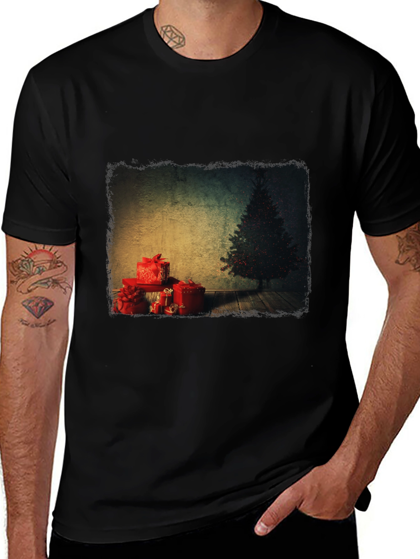 Christmas Tree & Presents Graphic Tee - Black