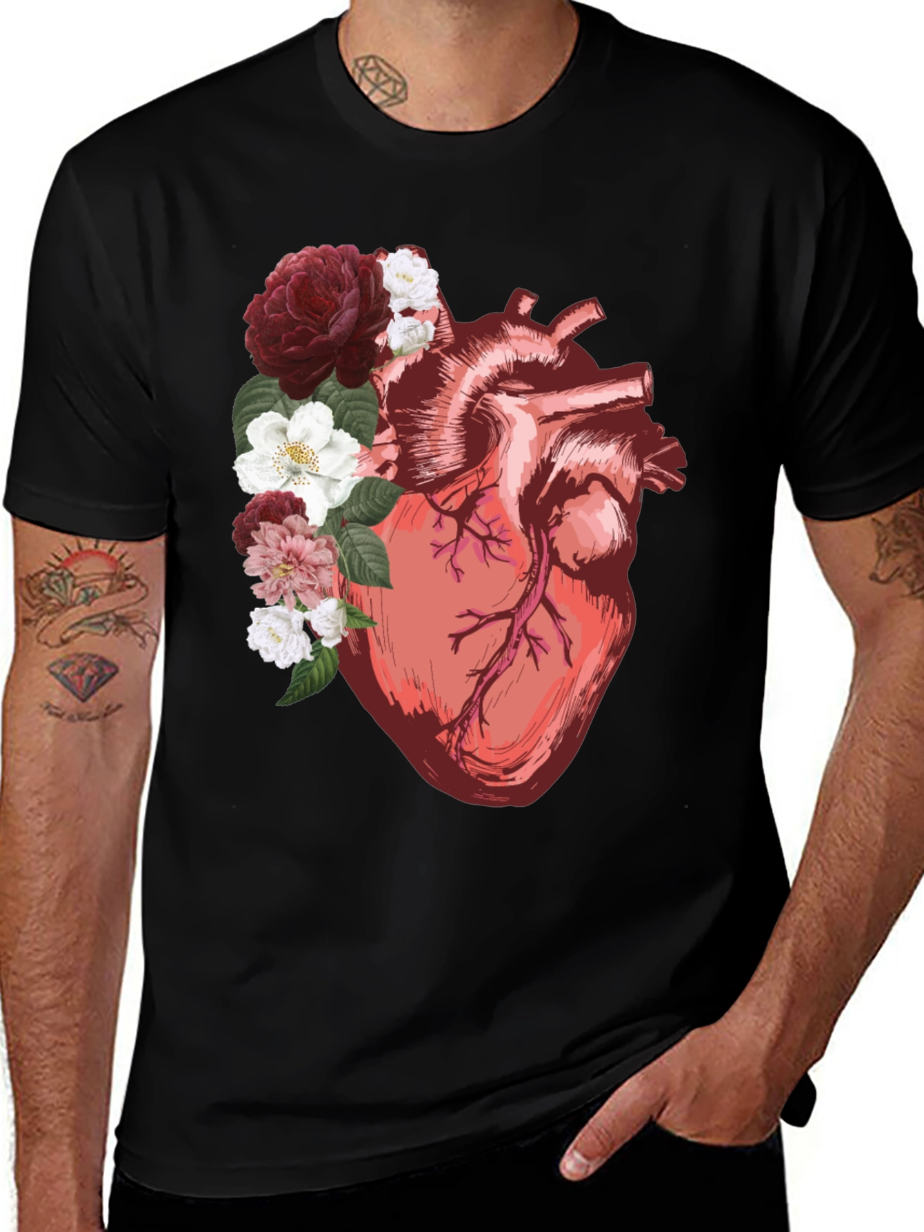 Variant 6 of Floral Heart Graphic Tee - Anatomical Art Shirt