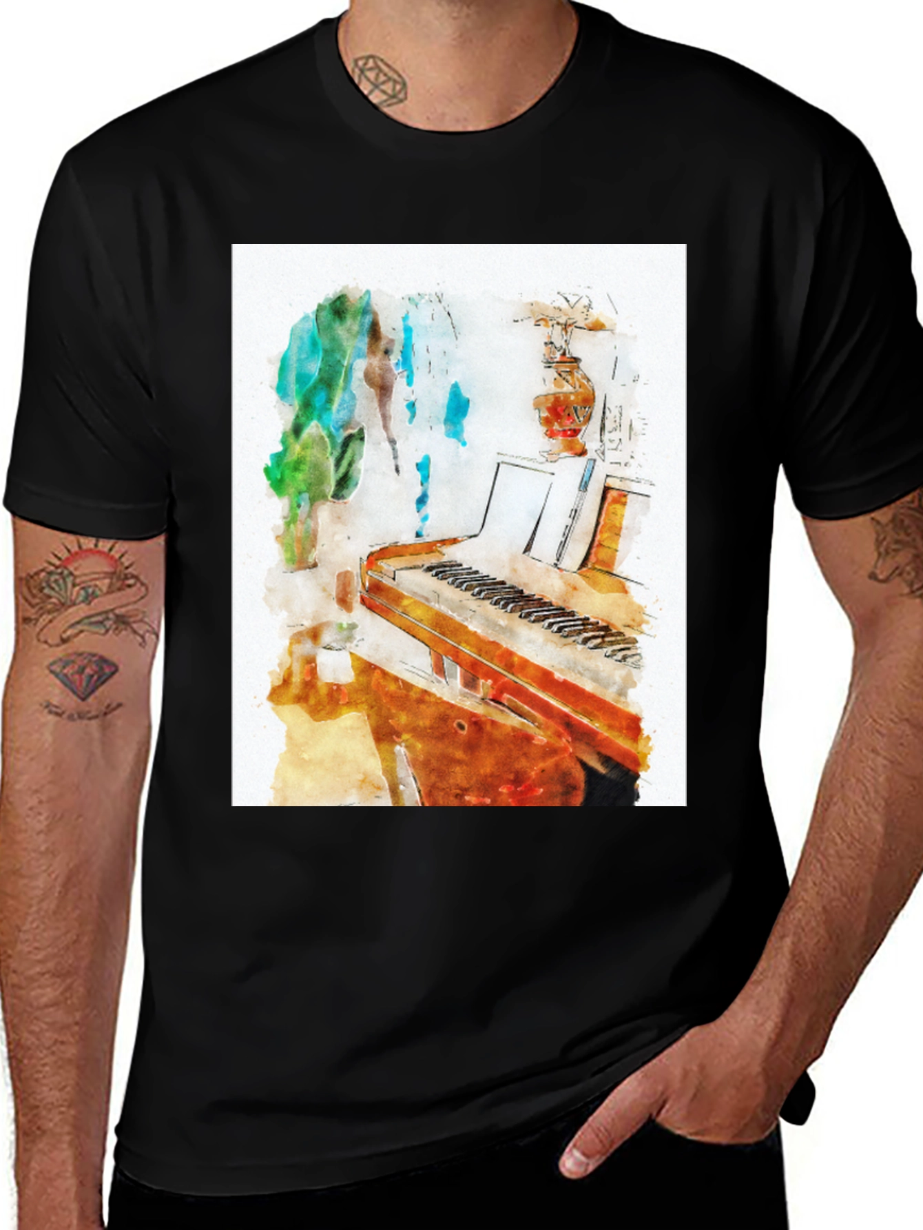 Variant 9 of Piano Watercolor Art Print Black T-Shirt