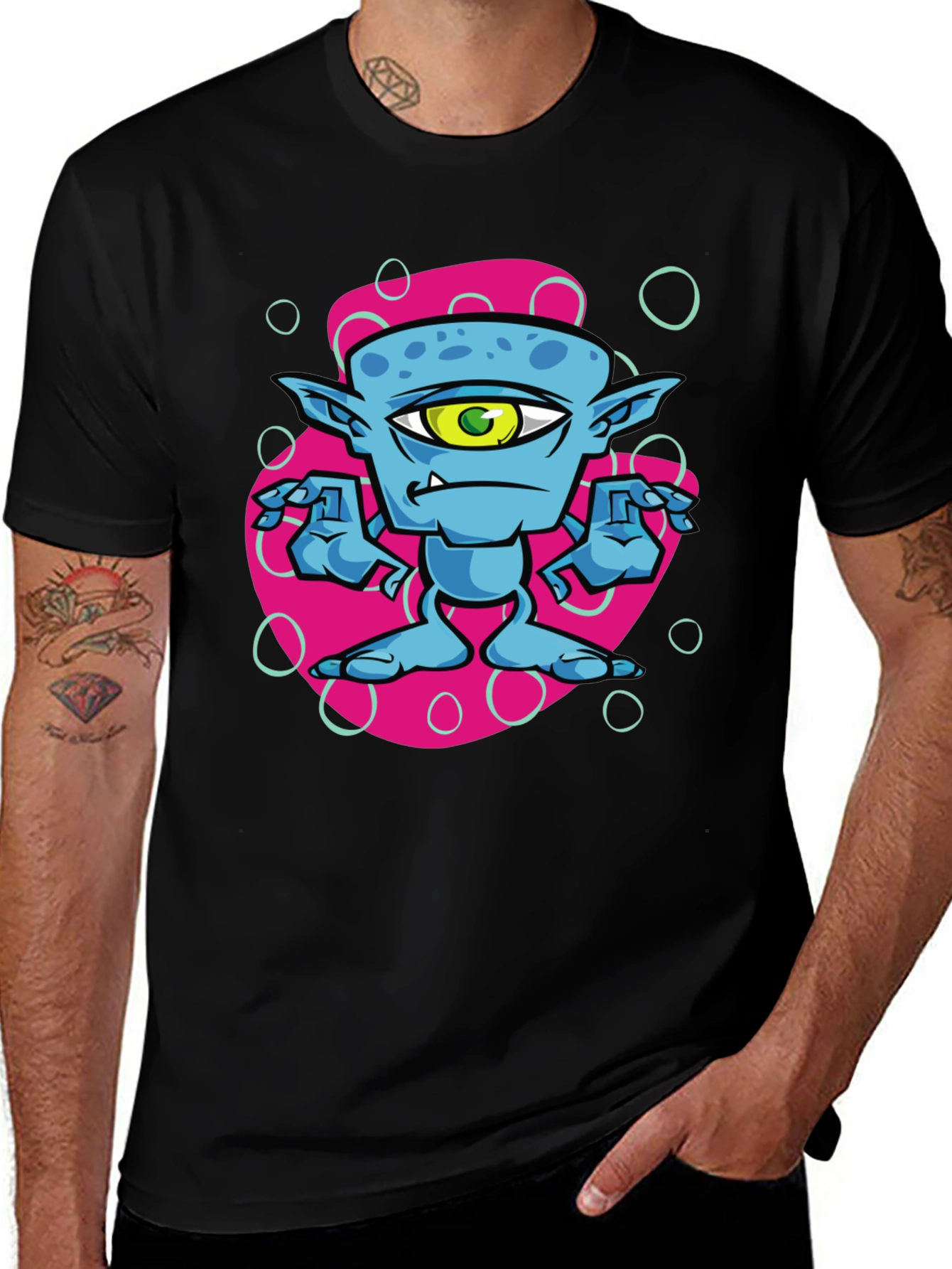 Variant 12 of One-Eyed Alien Cartoon Graphic Tee - Black