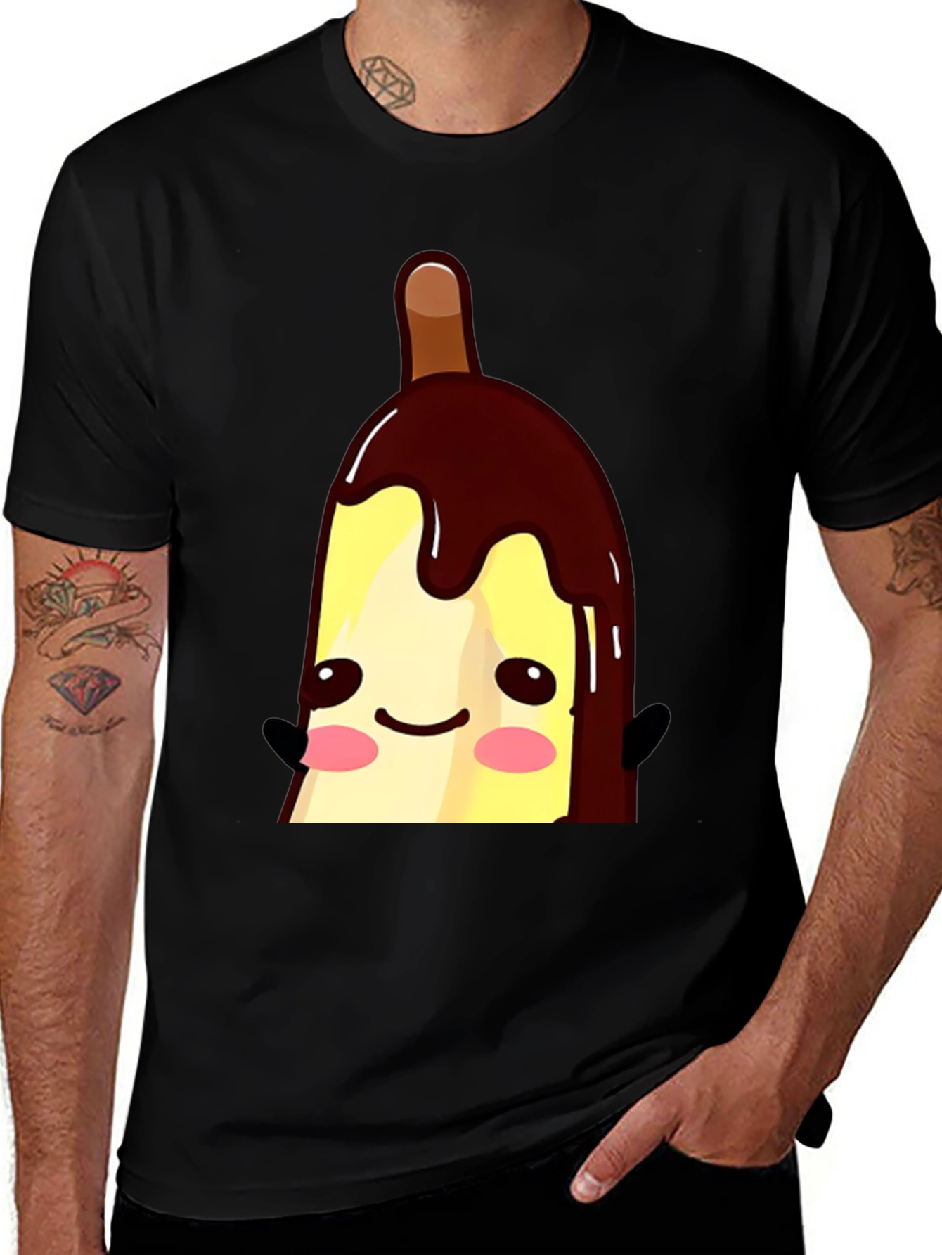Variant 24 of Cute Banana Popsicle Graphic Tee - Black Cotton T-Shirt