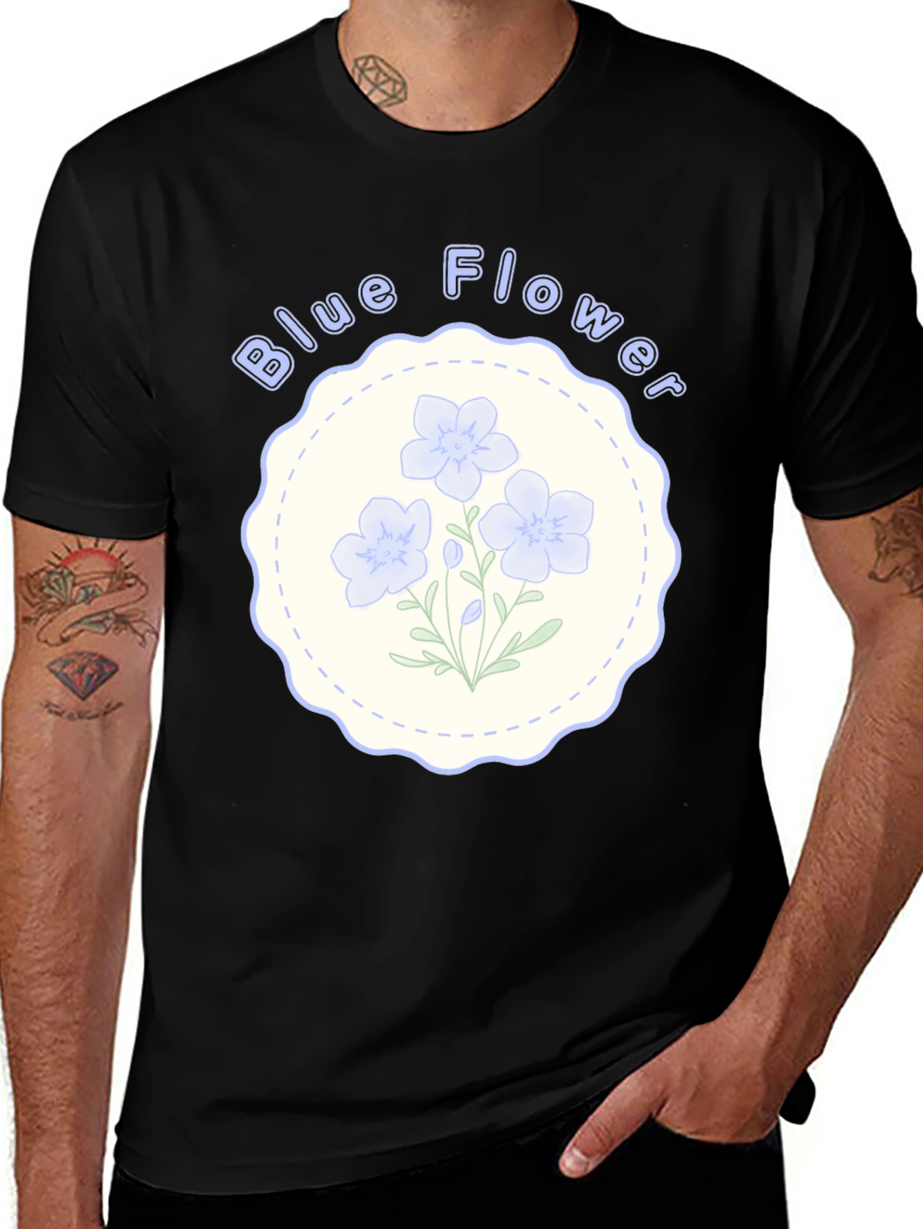 Variant 20 of Blue Flower Graphic Print Black T-Shirt