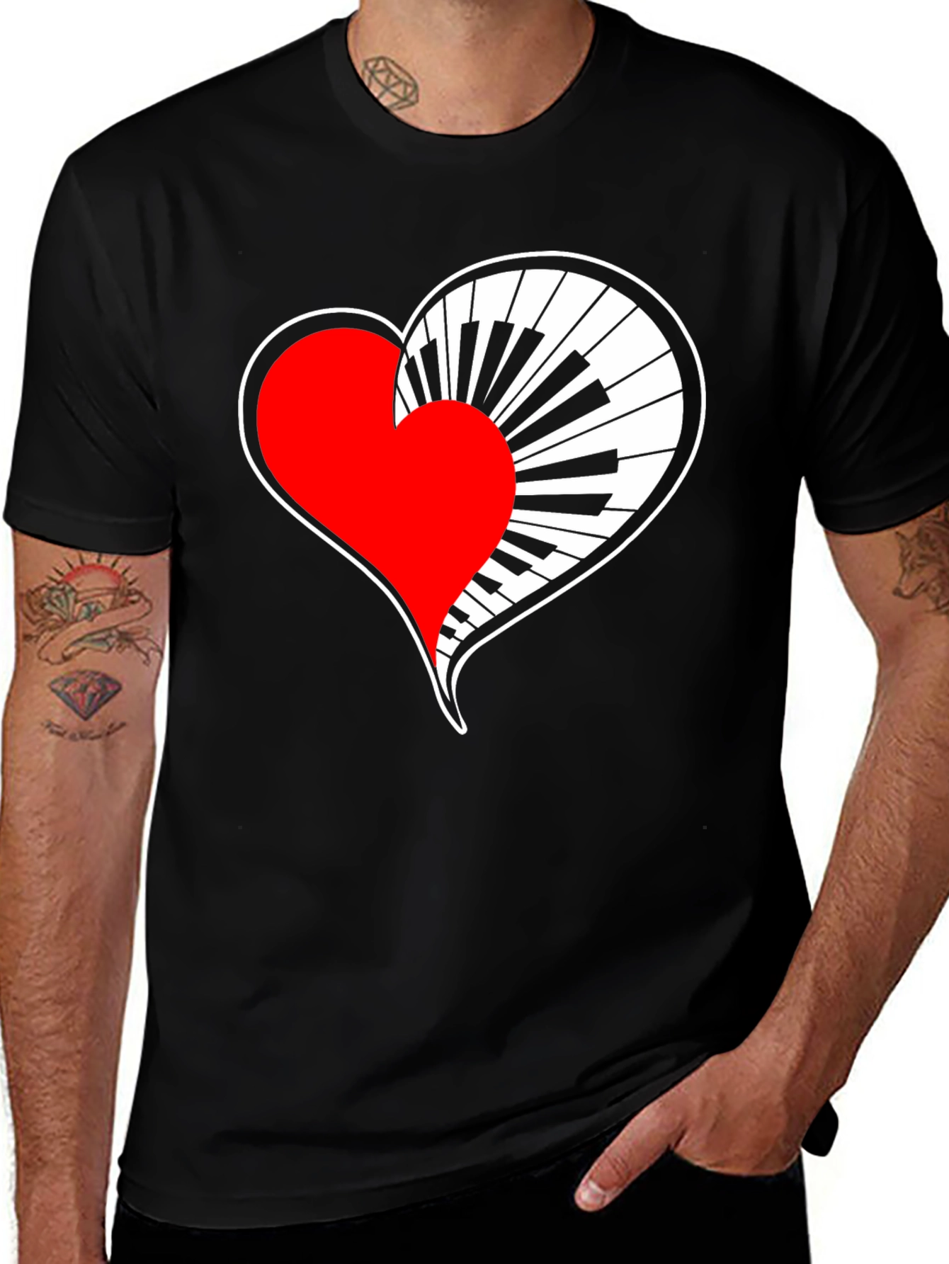 Piano Heart Graphic Black T-Shirt