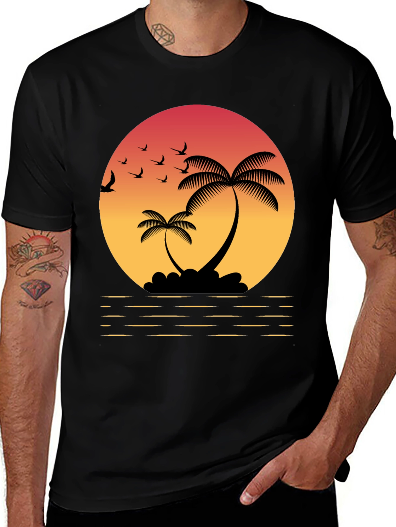 Variant 13 of Tropical Sunset T-Shirt: Palm Trees & Birds