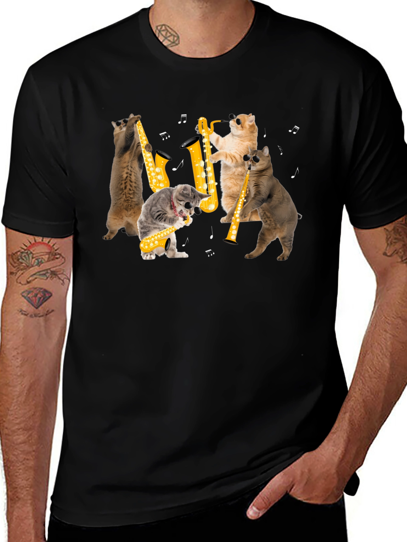 Variant 28 of Cats Playing Saxophone Black T-Shirt