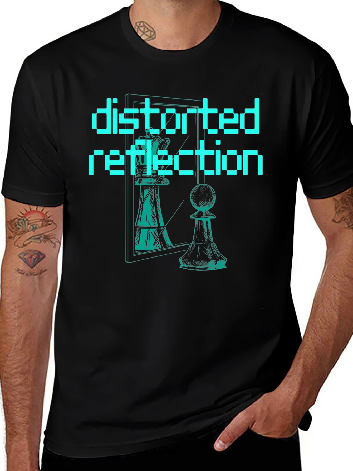Variant 30 of Distorted Reflection Graphic Tee - Chess Piece Illusion