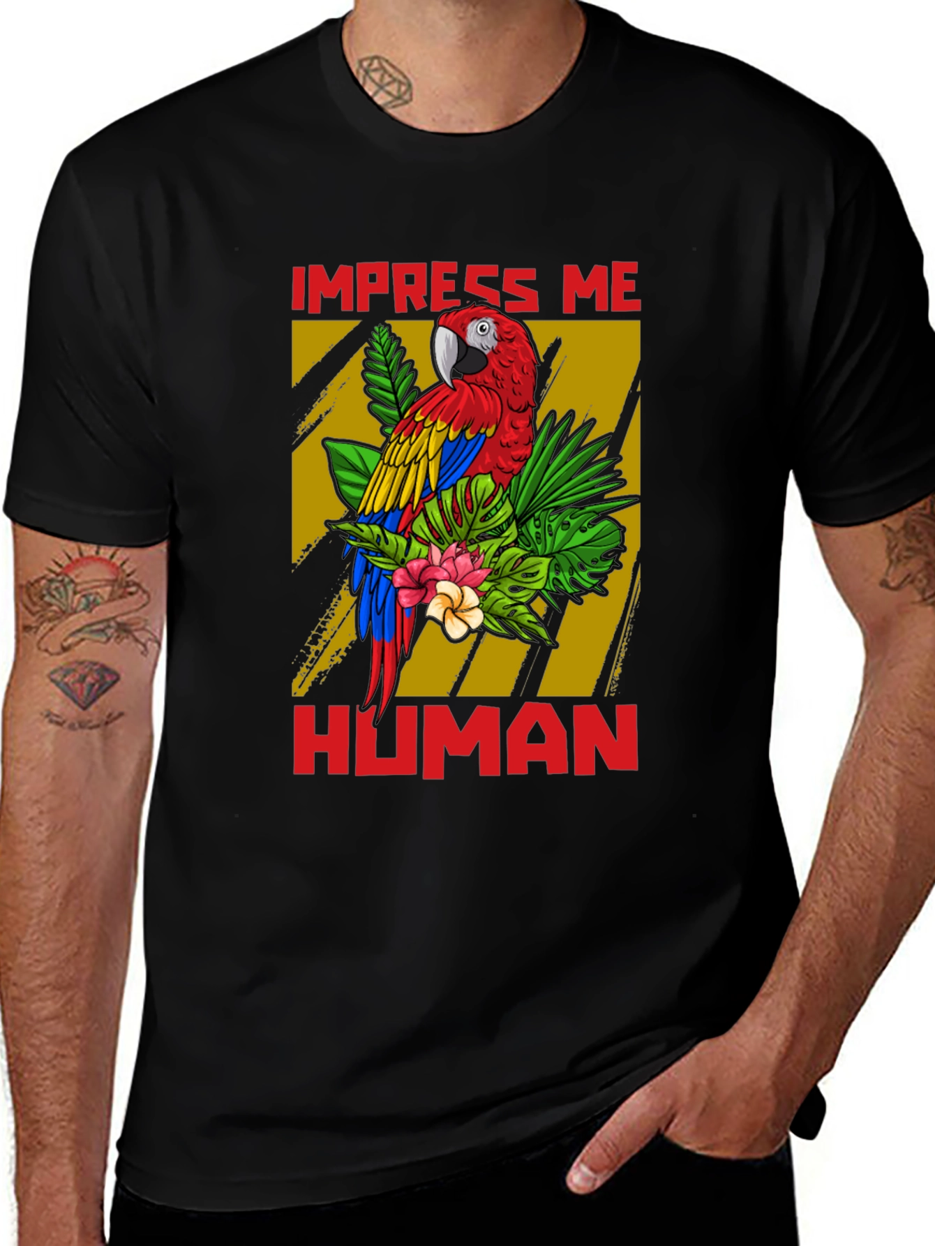 Variant 4 of Impress Me Human T-Shirt Parrot Graphic Tee