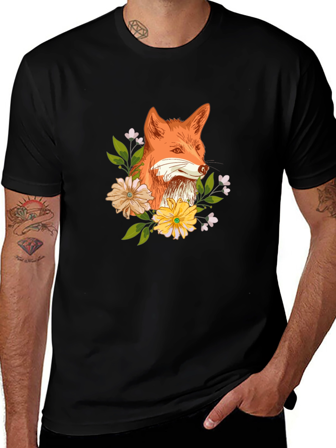 Variant 18 of Fox and Floral Design Black T-Shirt
