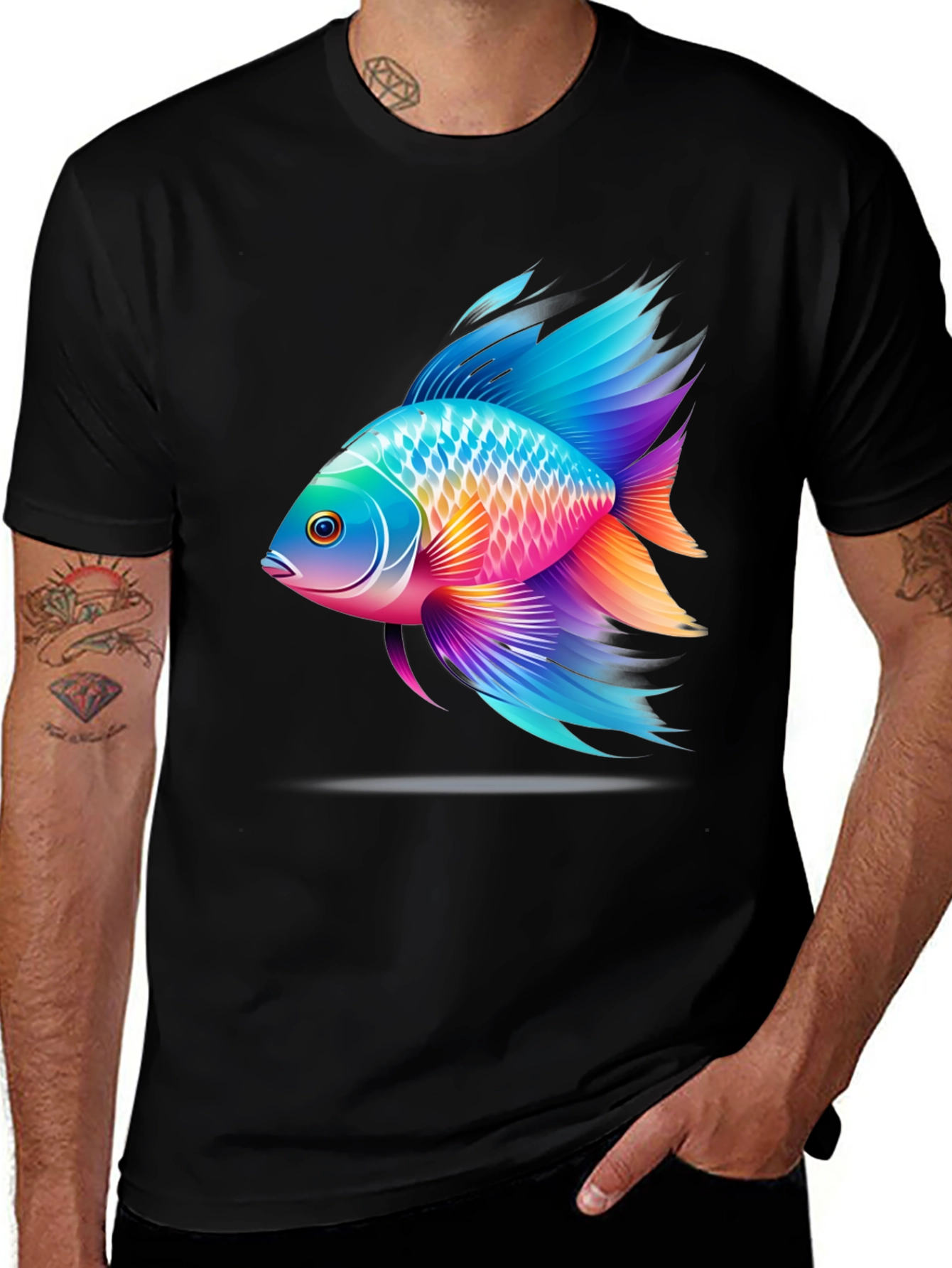 Variant 29 of Vibrant Fish Graphic T-Shirt - Black Cotton Blend