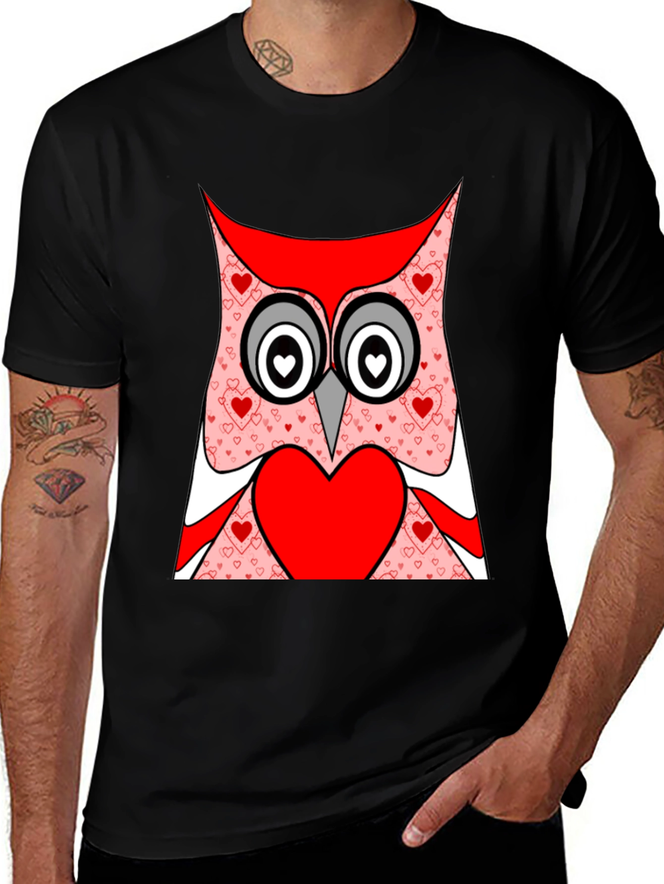 Variant 2 of Owl Heart T-Shirt - Black Cotton Valentine's Day Tee