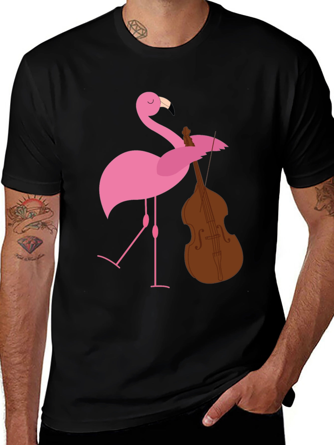Variant 11 of Flamingo Bass Player Graphic Tee - Quirky Black T-Shirt
