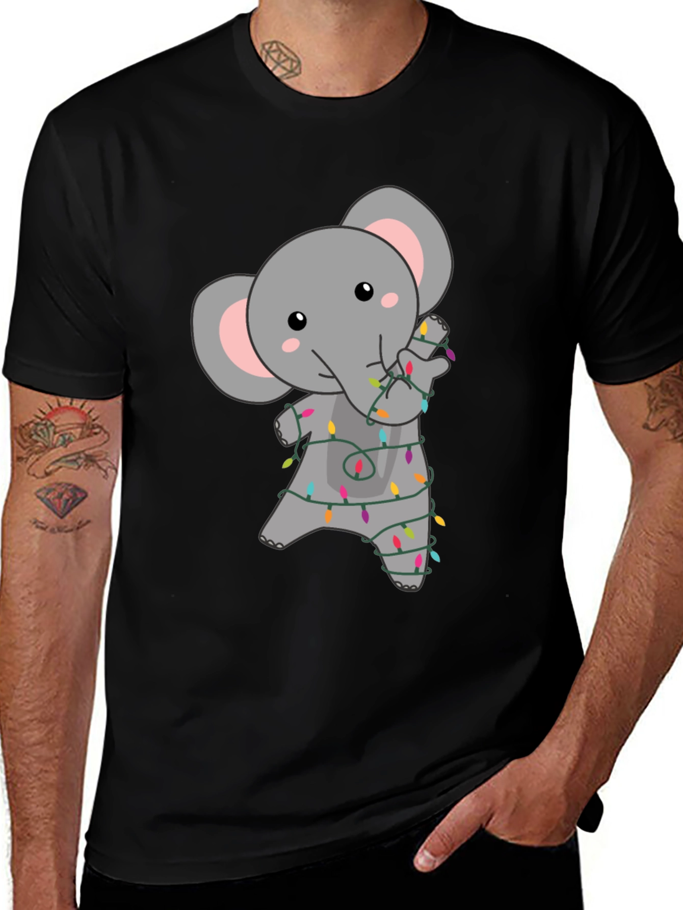 Variant 21 of Cute Elephant Christmas Lights Graphic Tee