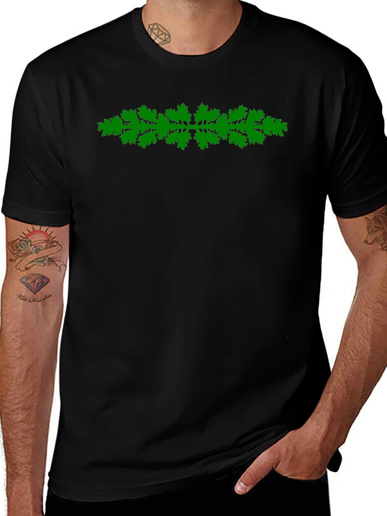 Variant 18 of Green Oak Leaf Pattern Black T-Shirt