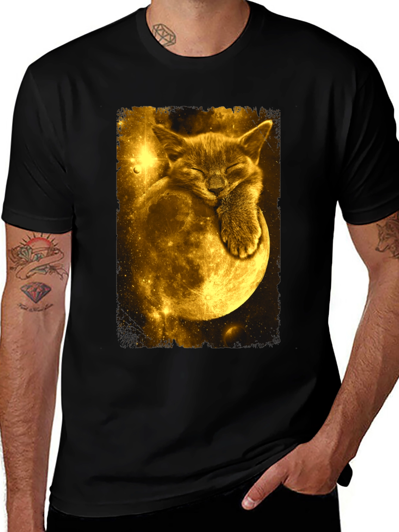 Variant 8 of Cat Moon Graphic Tee - Black Cotton Blend T-Shirt