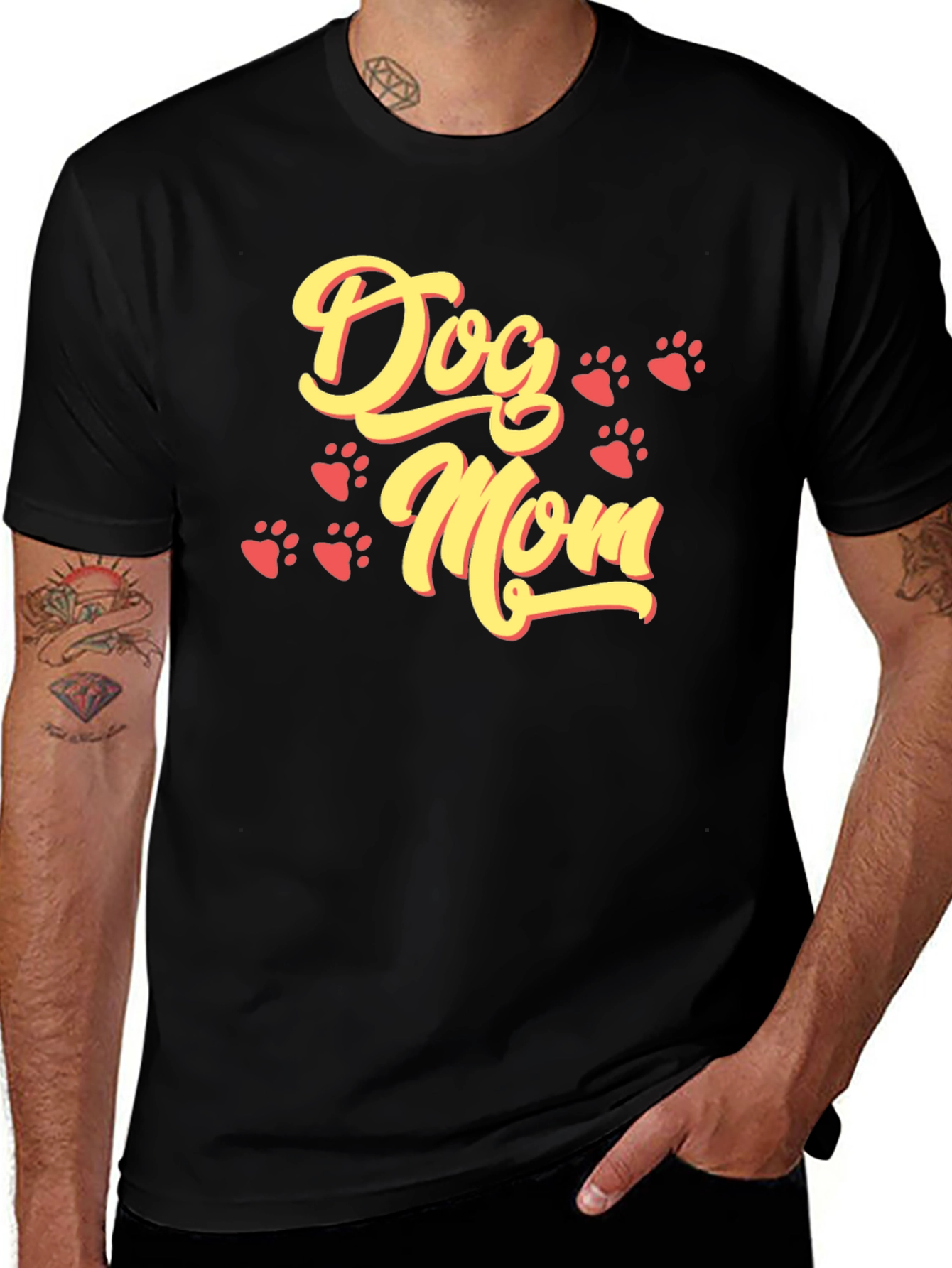 Dog Mom T-Shirt - Black Tee with Cute Paw Prints