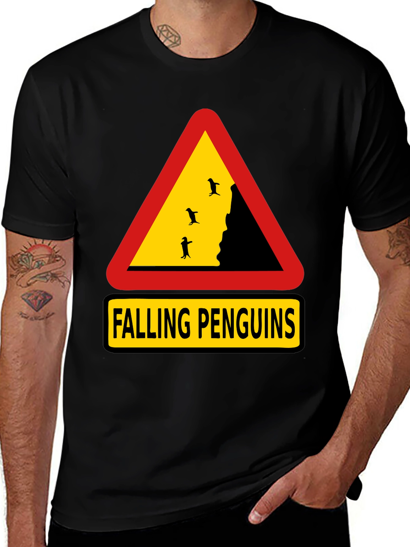 Variant 7 of Falling Penguins Graphic Tee - Danger Sign Shirt