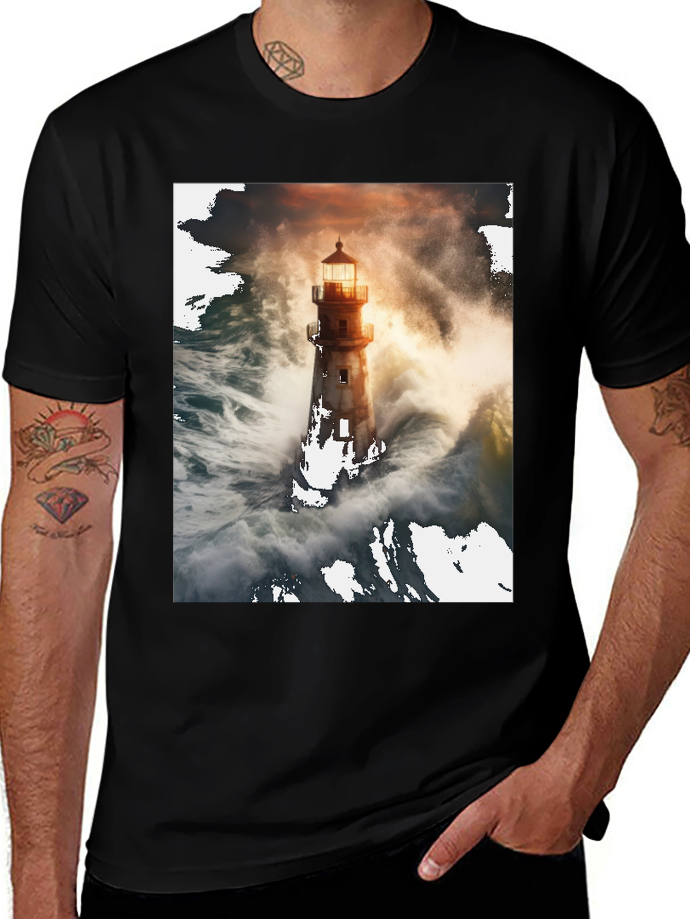 Variant 26 of Lighthouse Waves T-Shirt - Coastal Graphic Tee
