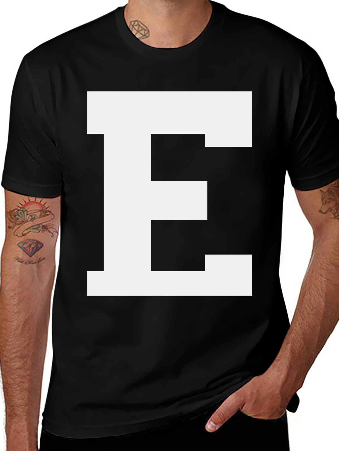 Variant 28 of Bold Initial 'E' Black Cotton T-Shirt