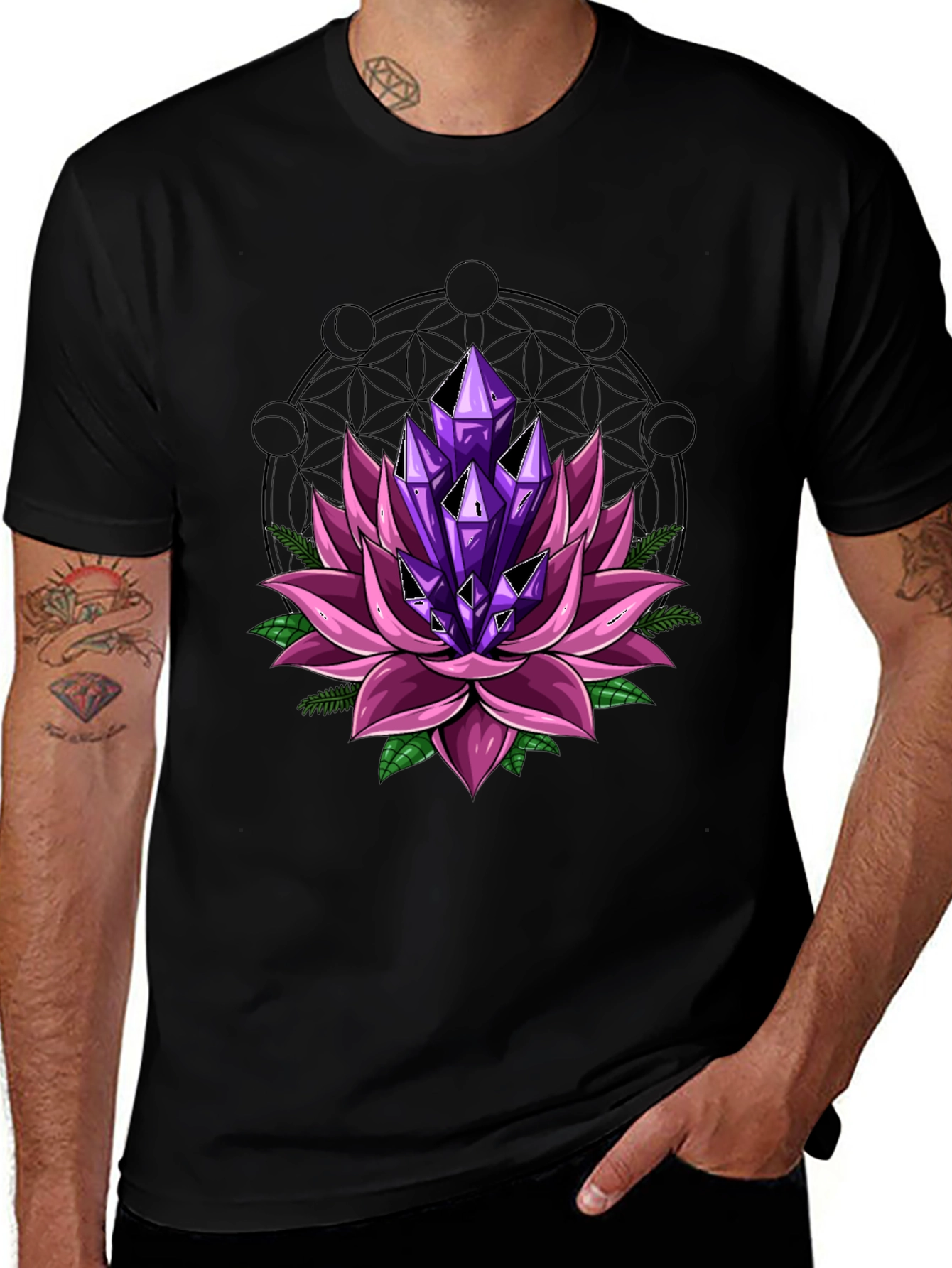Variant 10 of Lotus Flower Crystal T-Shirt - Black Graphic Tee