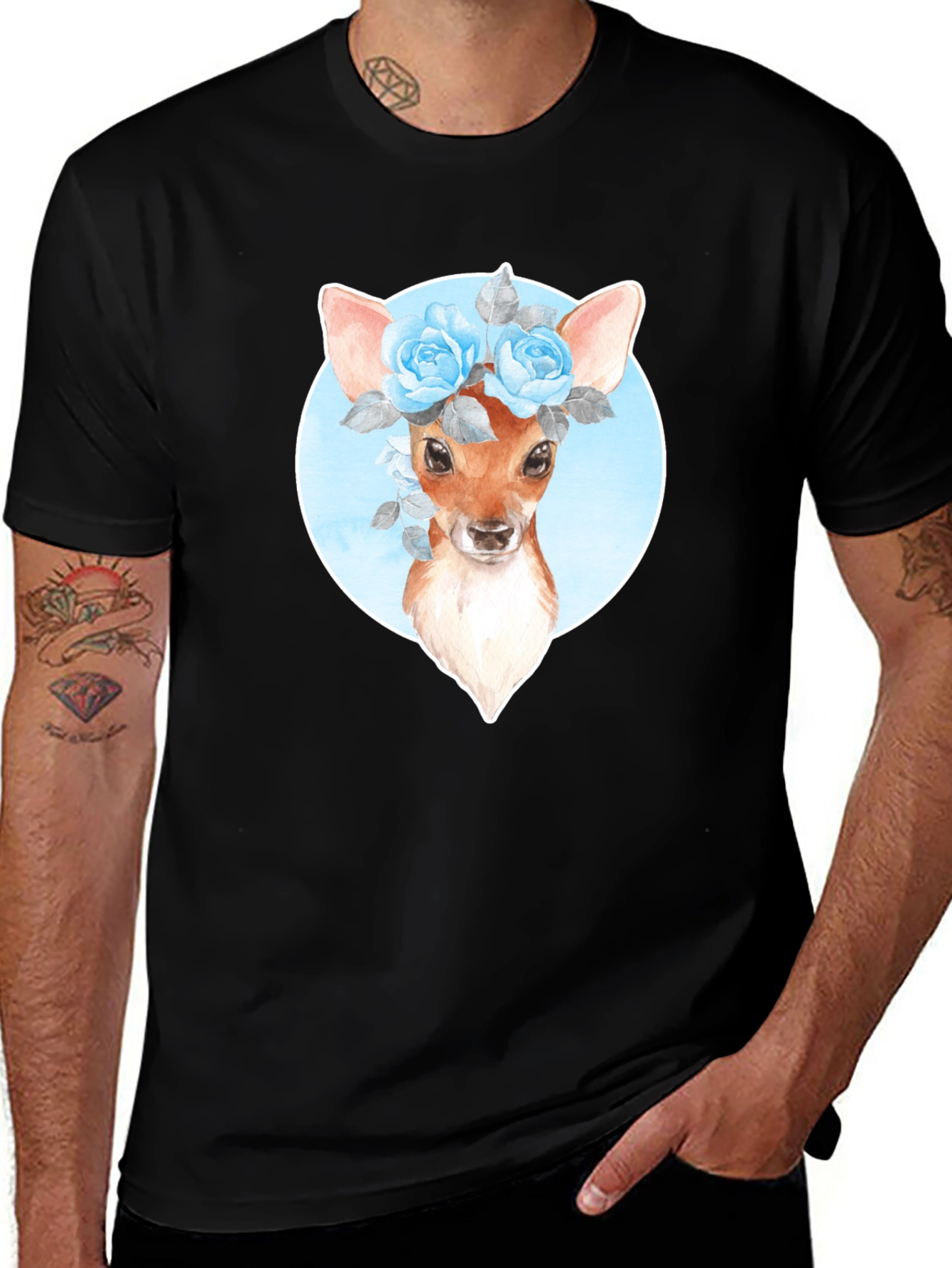 Variant 25 of Floral Deer Graphic Tee - Black T-Shirt