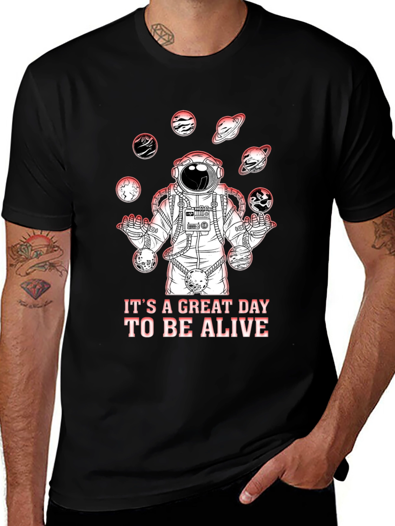 Astronaut Juggling Planets Graphic Tee - Great Day to be Alive