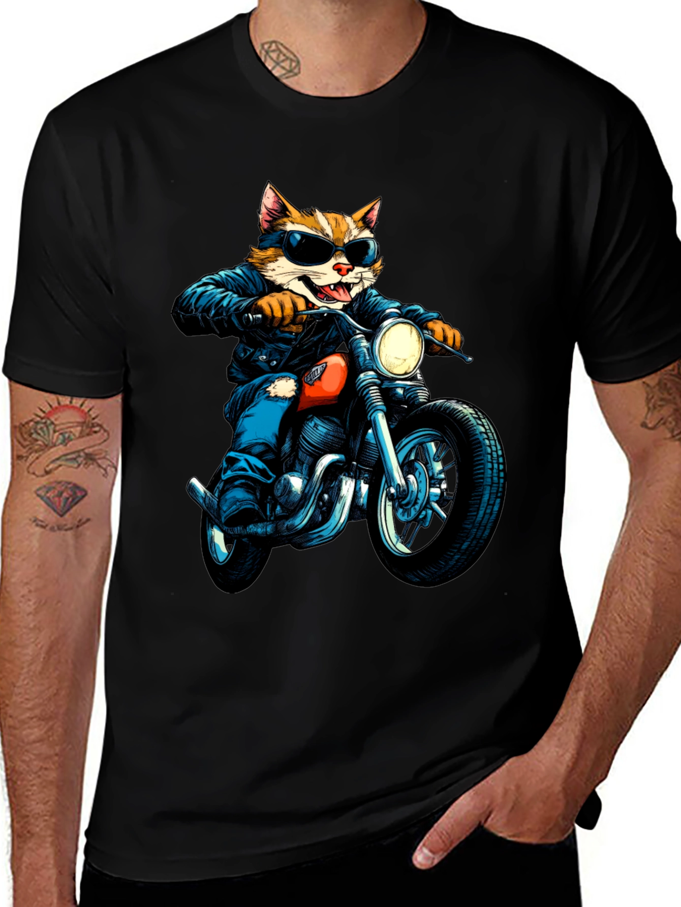 Cool Cat Biker Graphic Tee - Black