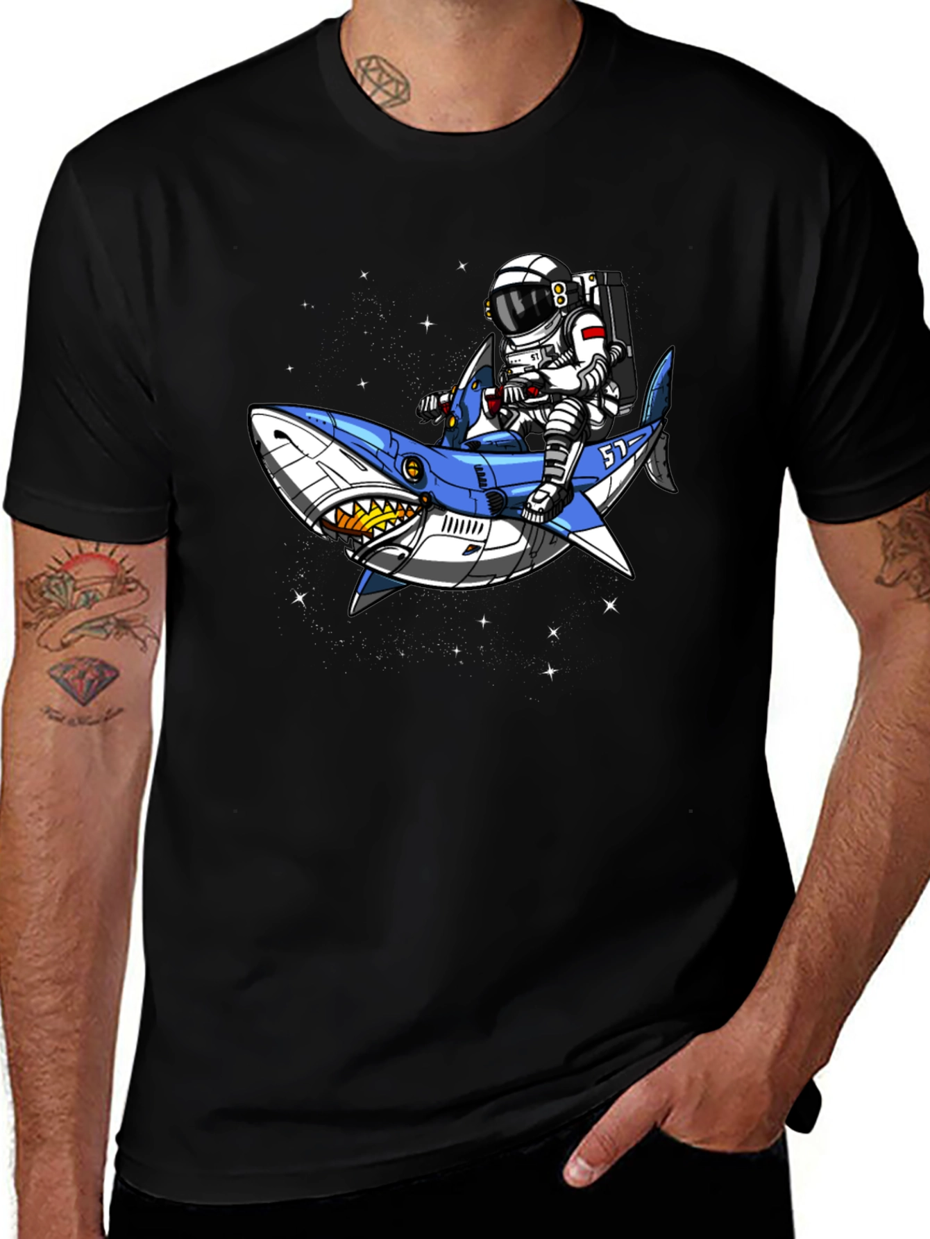 Variant 30 of Astronaut Shark Rider Graphic Tee - Black