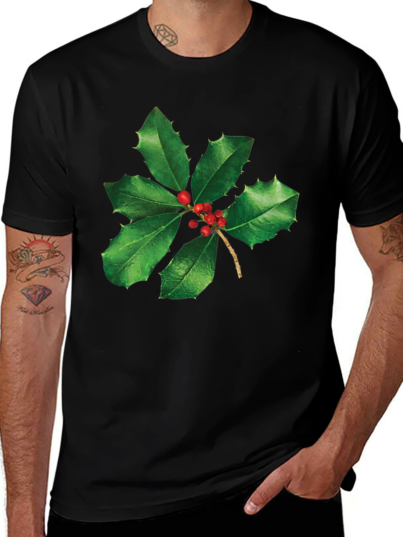 Variant 28 of Festive Holly Leaf Graphic Tee - Holiday Cheer