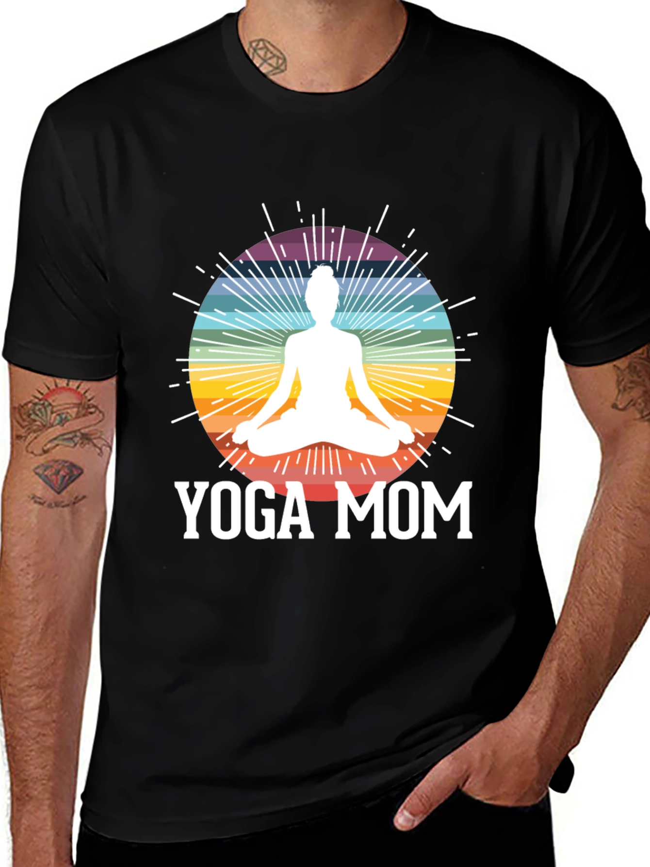 Black Yoga Mom Black T-Shirt - Meditation Rainbow Design main image