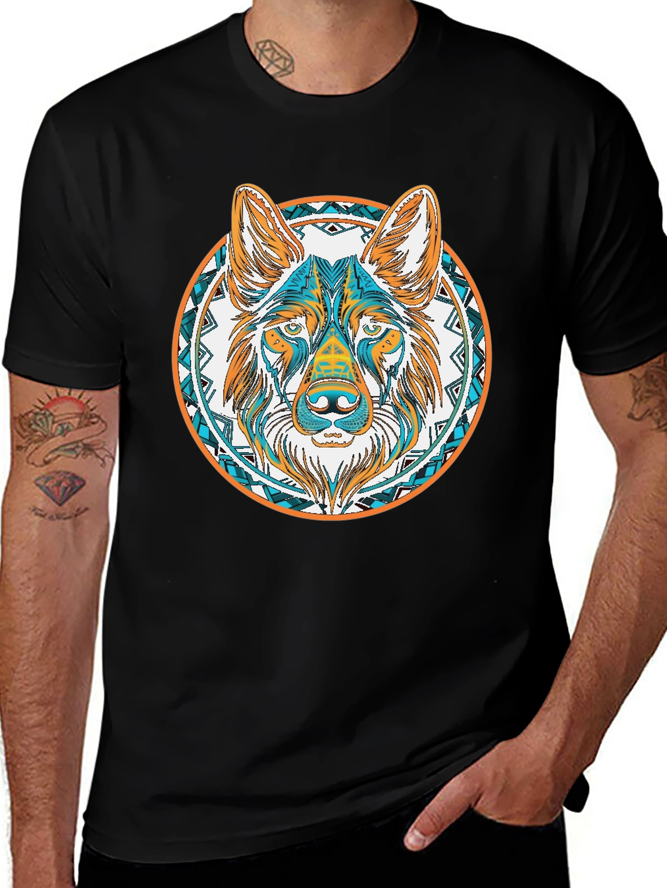 Variant 26 of Aztec Wolf Graphic Tee - Black Cotton T-Shirt