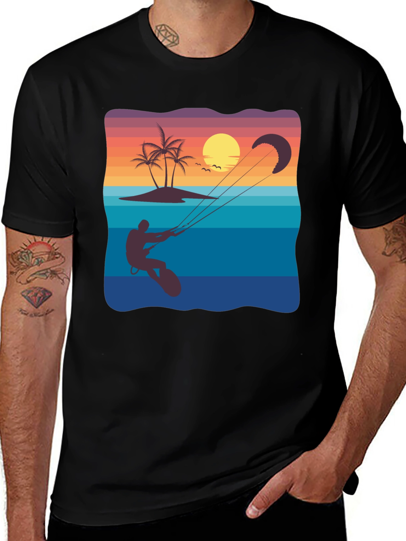 Variant 10 of Sunset Kitesurfing Graphic Tee - Black Cotton Blend