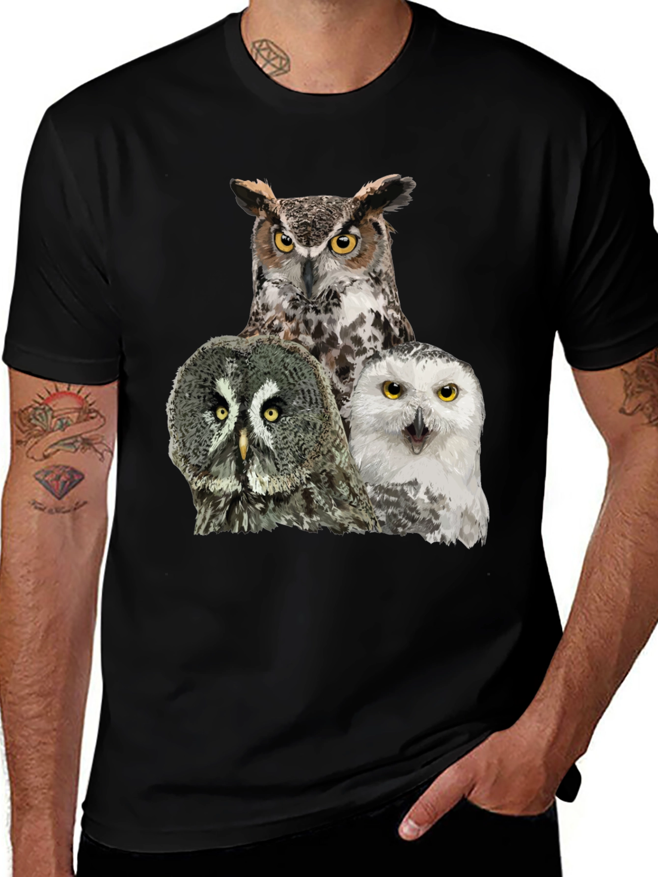 Variant 27 of Owl Trio Graphic Tee - Black Cotton T-Shirt