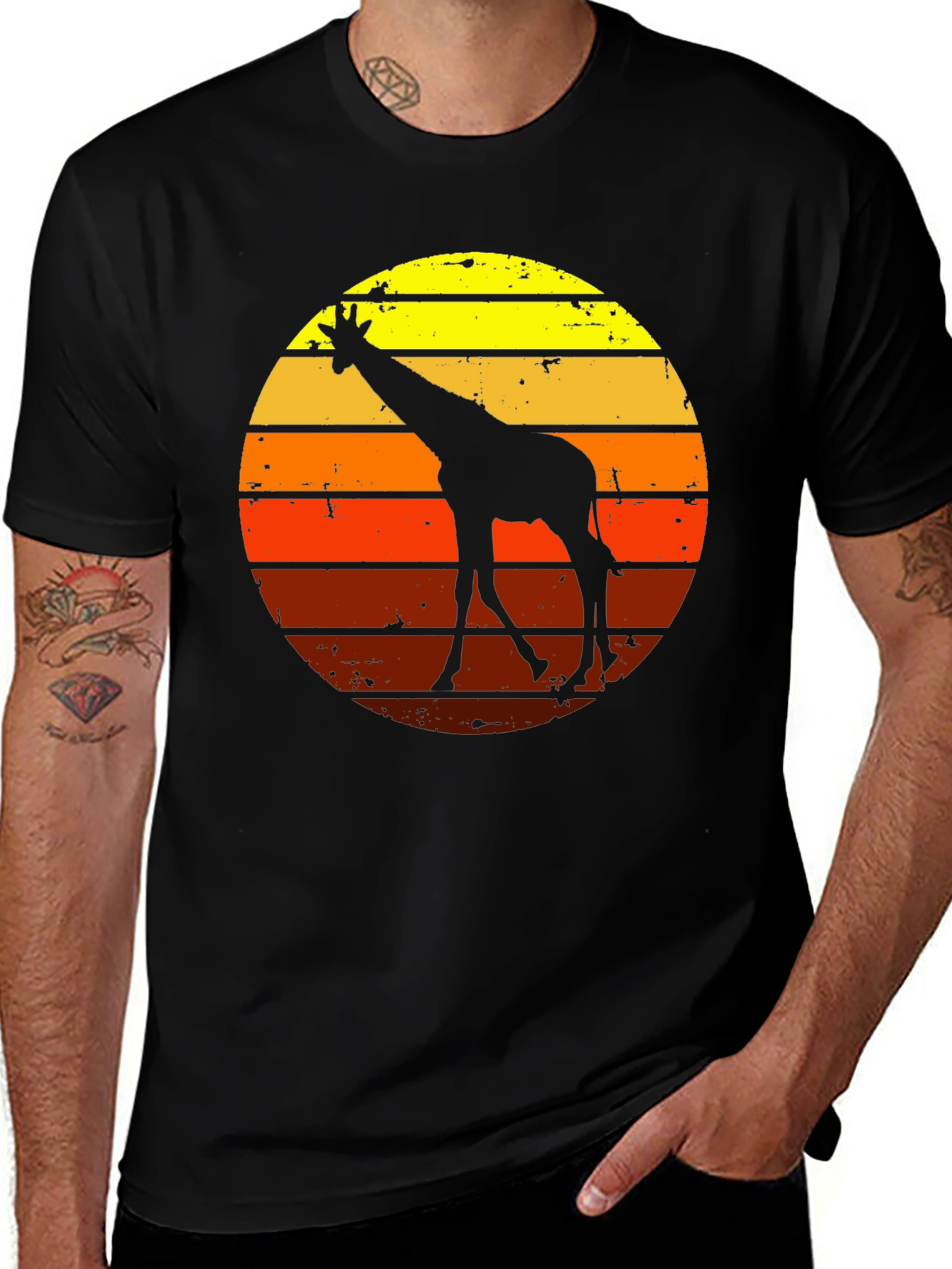 Variant 13 of Retro Giraffe Sunset Graphic Tee - Black