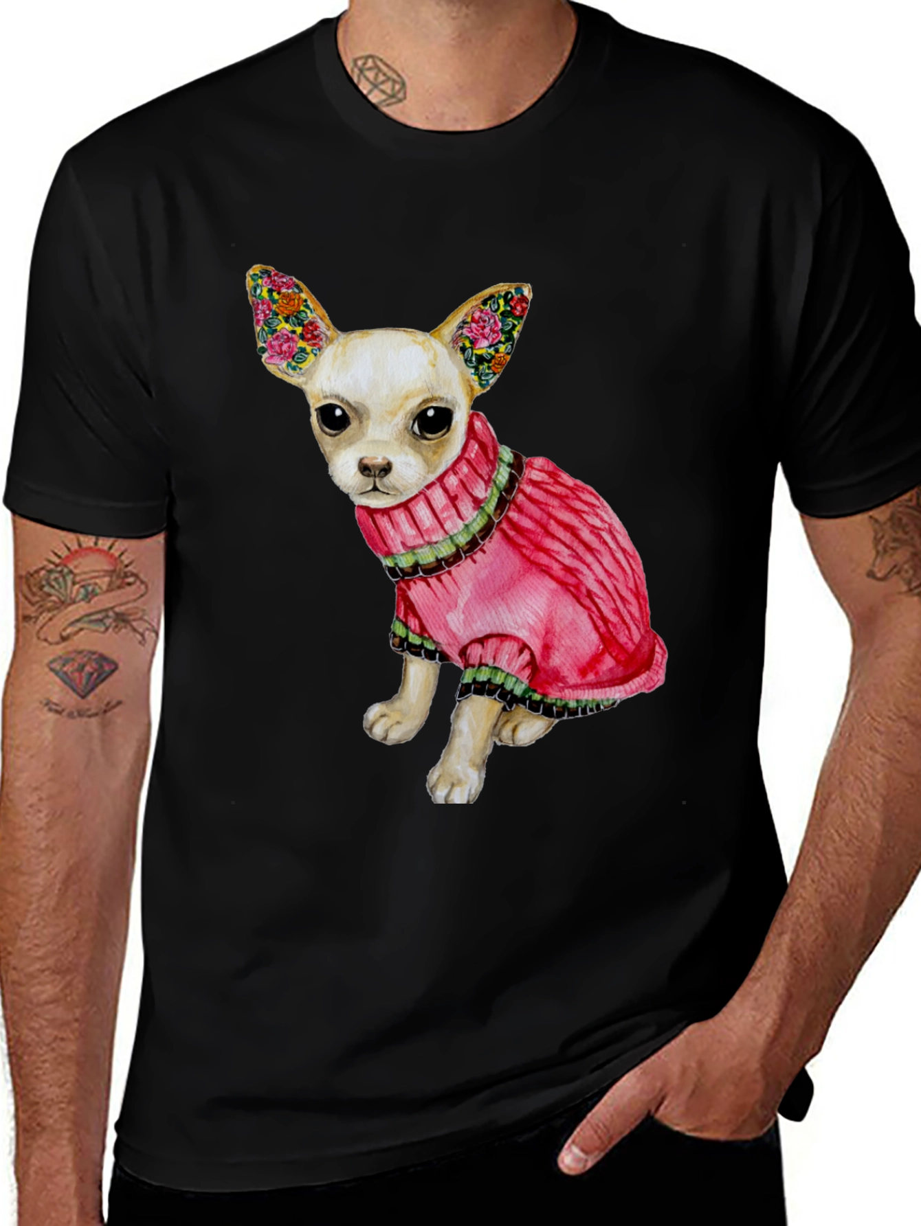 Variant 2 of Dog Lover's Tee: Chihuahua in Pink Sweater