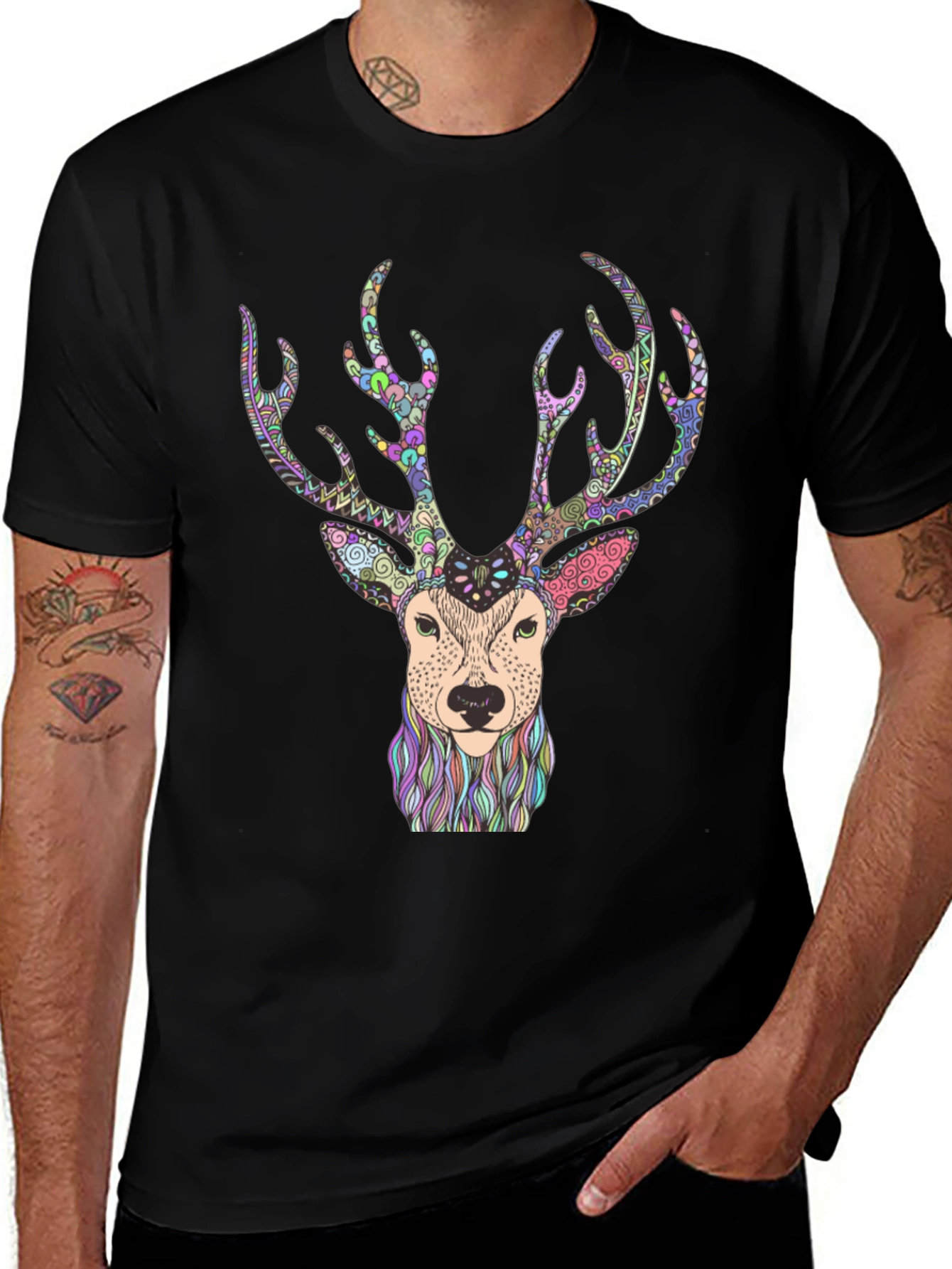 Variant 11 of Psychedelic Deer Graphic Tee - Men's Black T-Shirt