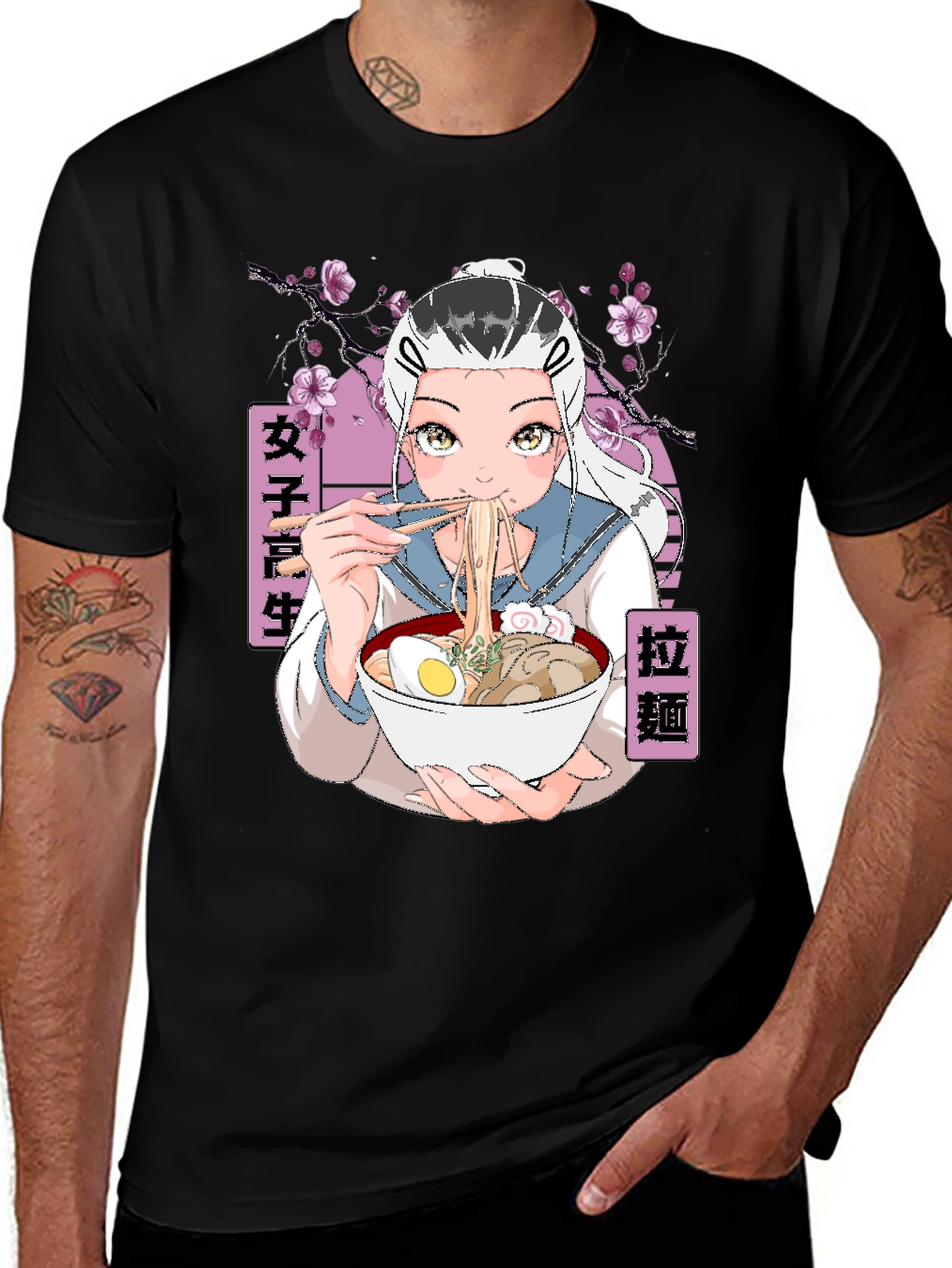 Anime Ramen Girl Graphic Black T-Shirt