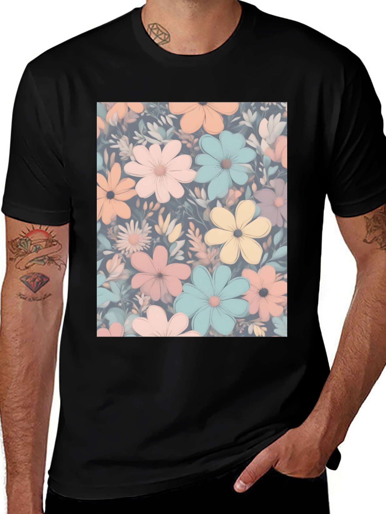 Variant 10 of Floral Print Black T-Shirt