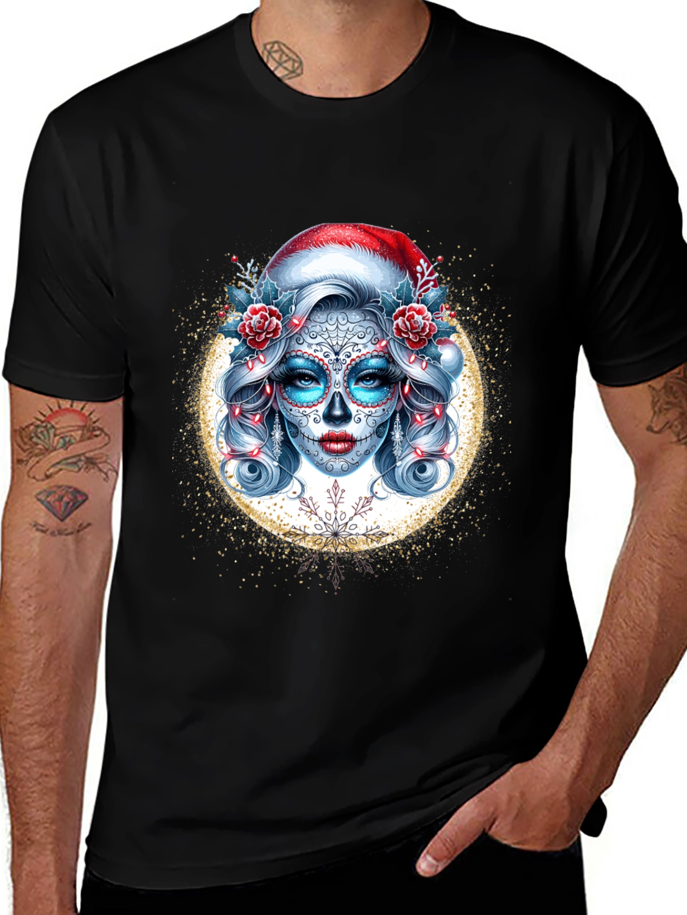 Variant 12 of Sugar Skull Santa T-Shirt - Festive Dia De Los Muertos Design