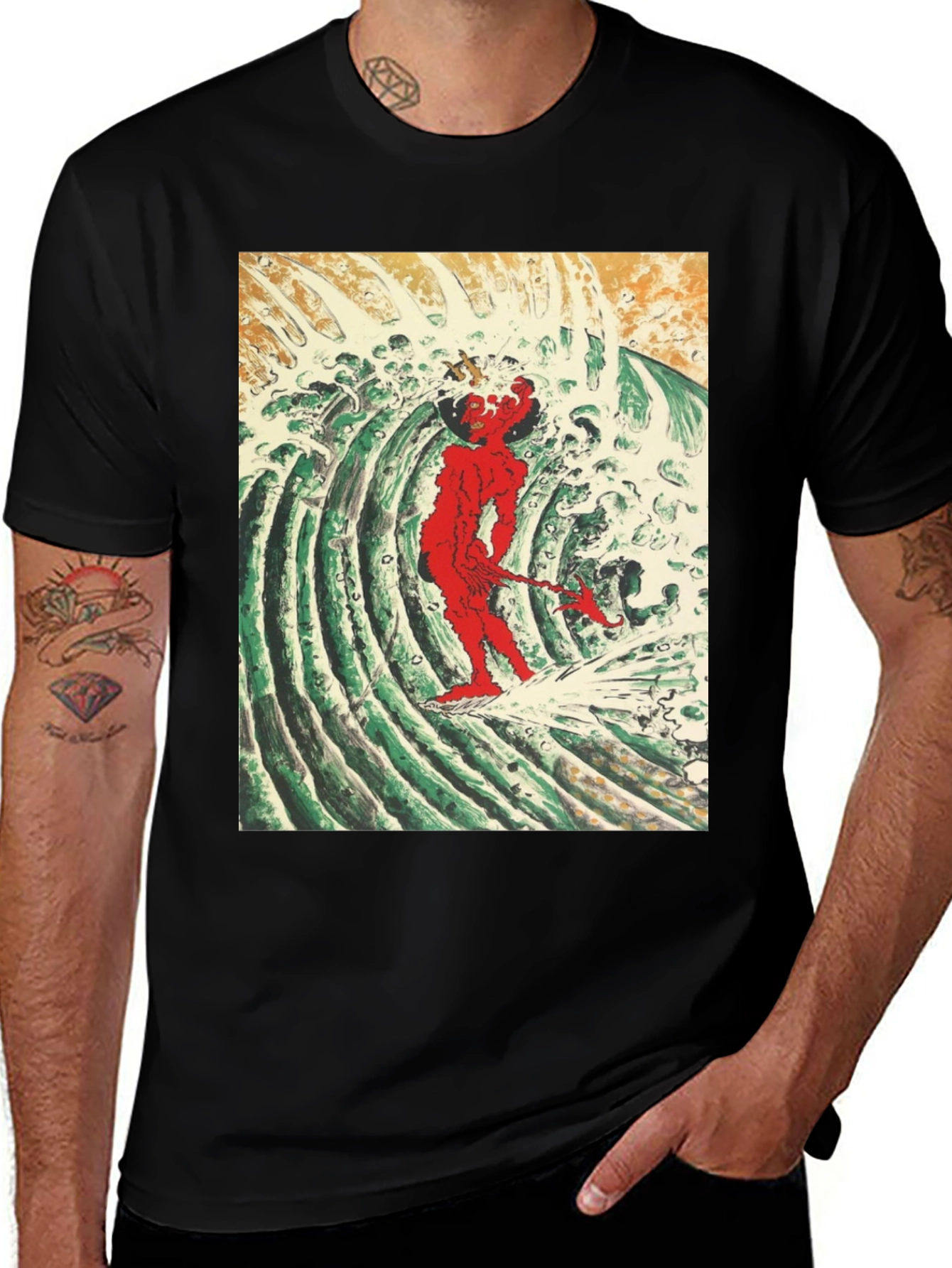 Variant 16 of Red Oni Surfing Wave Black T-Shirt